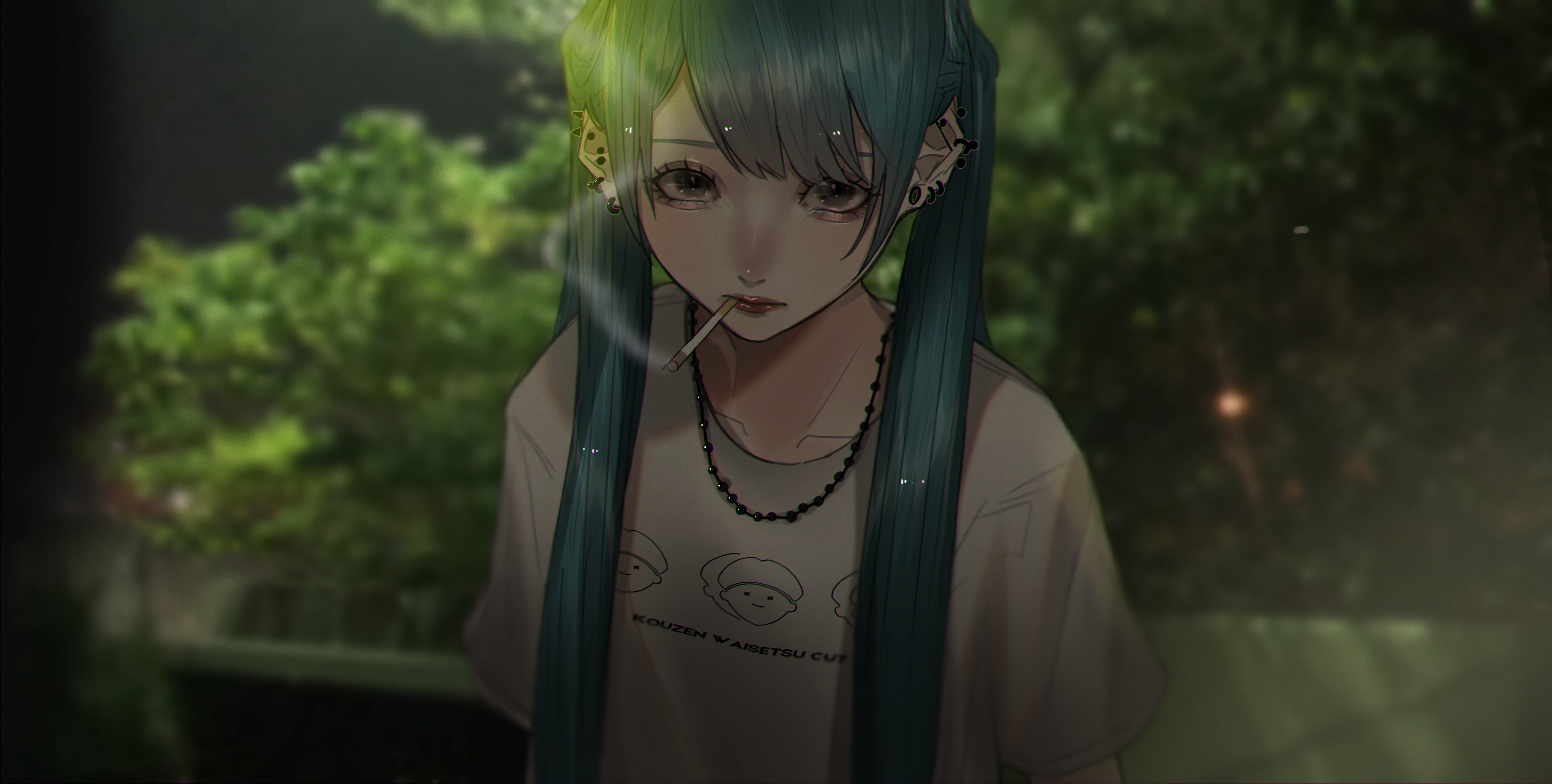 black eyes, piercing, anime, depressing, garden, necklace, 4K, cigarettes, anime girls, smoking, HD Wallpaper