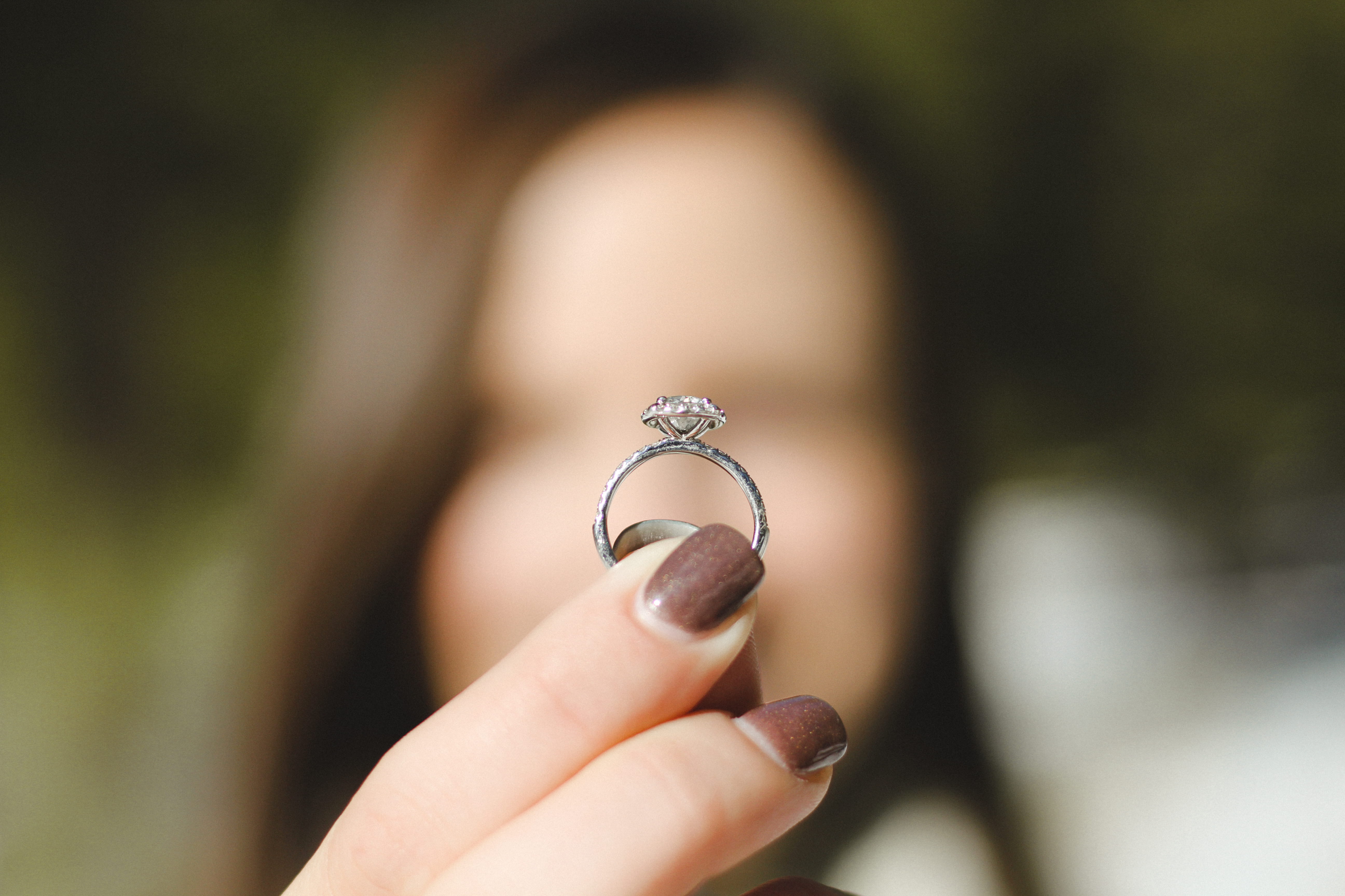 photography, holding, finger, luxury, love, engagement ring, human finger, outdoors, 5K, focus, day, shallow, diamond ring, diamond - gemstone, engagement, HD Wallpaper