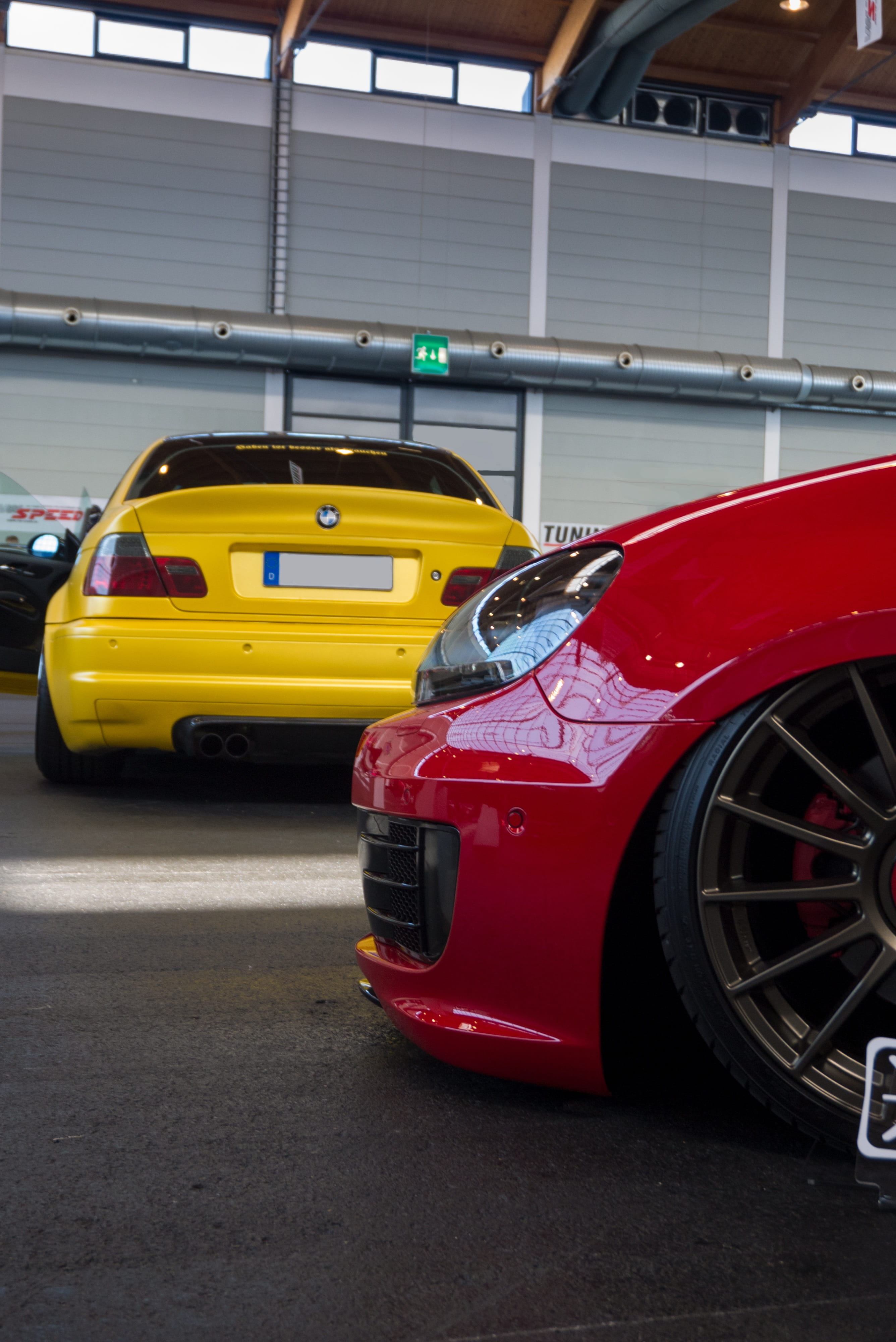 no people, garage, background image, bmw, wheels, luxury, yellow, vw golf, motor vehicle, city, tuning, architecture, 4K, sports car, land vehicle, tuning world, Phone HD Wallpaper
