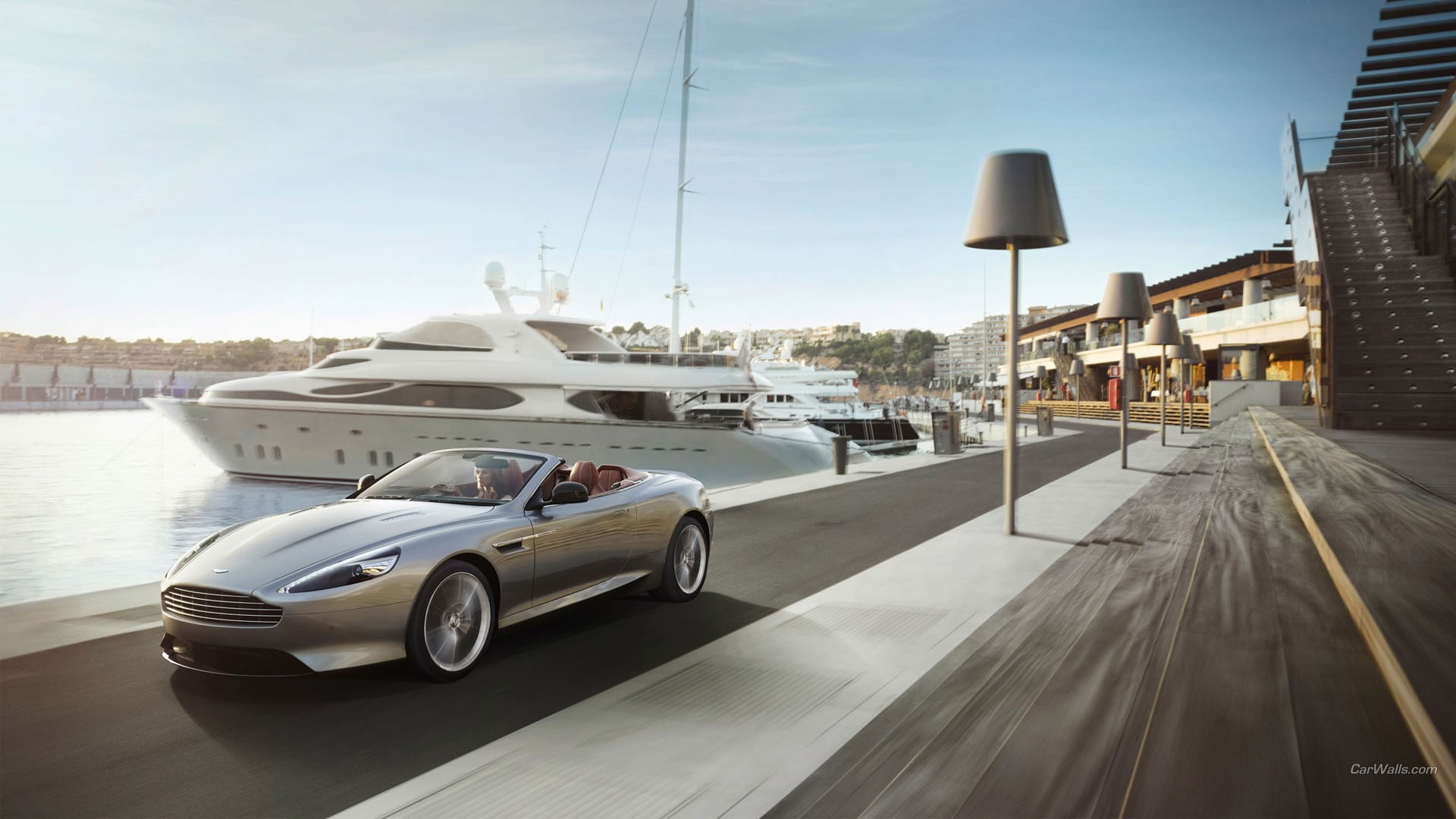 classic, sunlight, land vehicle, sky, no people, coupe, motion, Aston Martin DB9, water, building exterior, 1080P, mode of transportation, vehicle, nature, HD Wallpaper