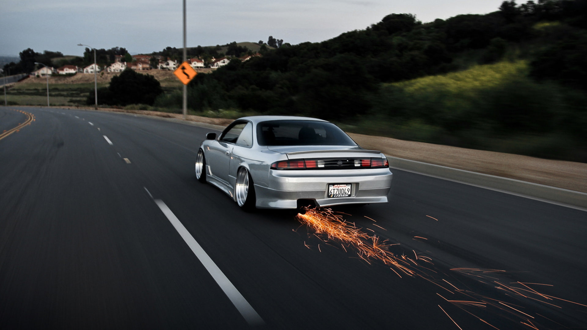 low, cars, stance, nissan, 1080P, wheels, tuning, vehicles, fire, silver, auto, roads, sparks, HD Wallpaper