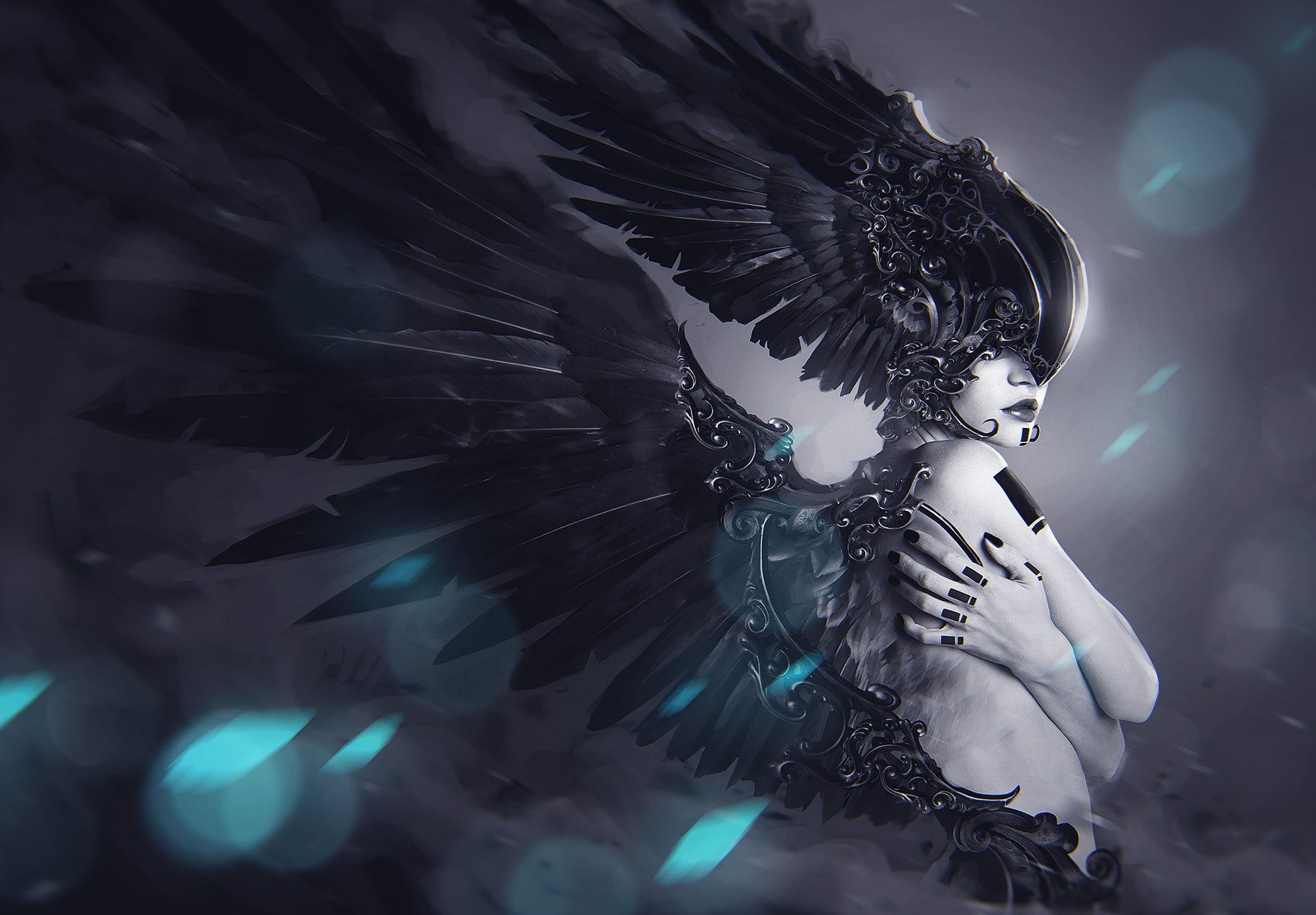 fantasy, wings, artwork, black, art, 1080P, black wings, woman, fantasy art, HD Wallpaper