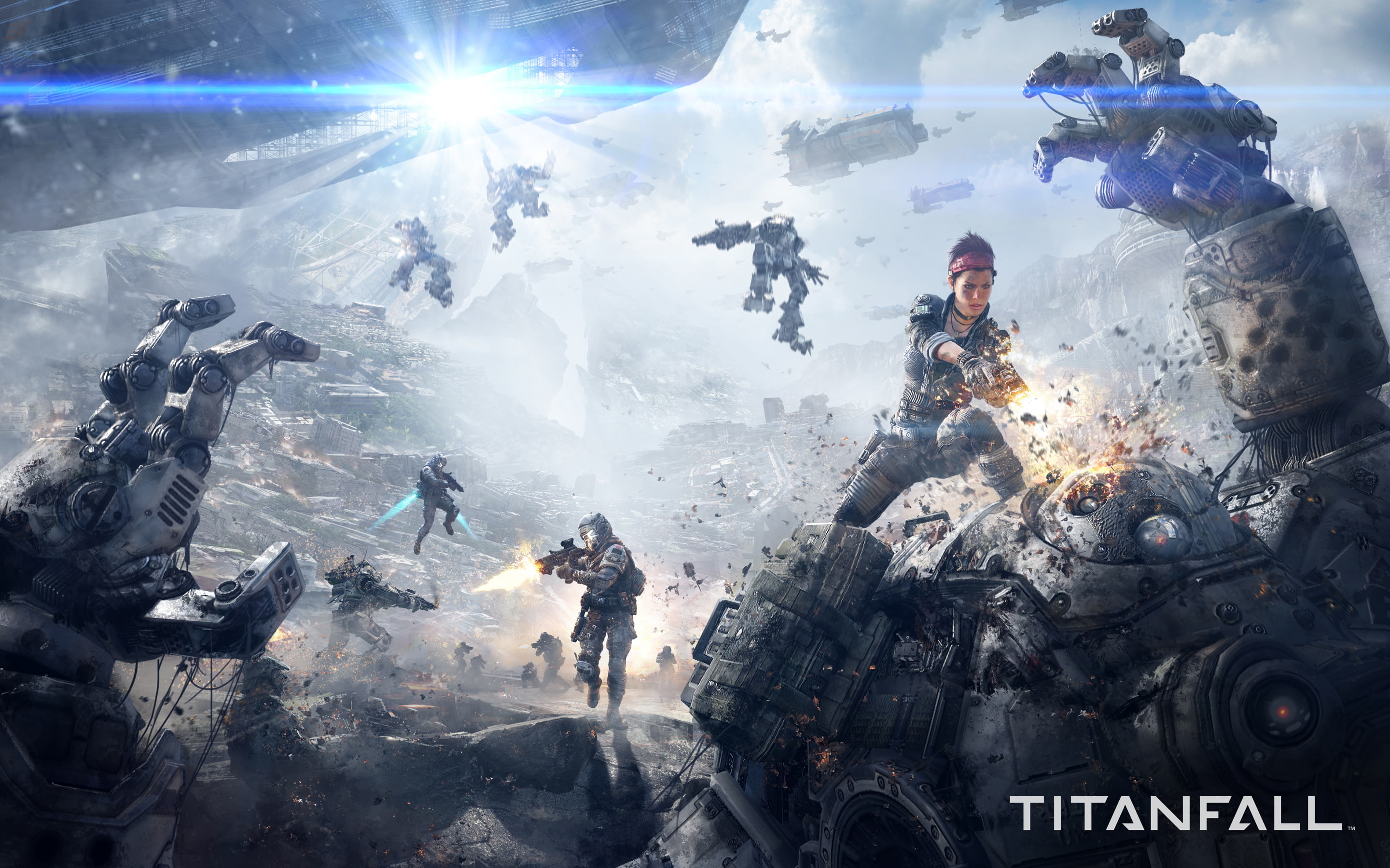 girl, robots, battle, 2K, soldiers, shot, mechs, war, Respawn Entertainment, clouds, Electronic Arts, ray, gun, Titanfall, ships, weapons, HD Wallpaper