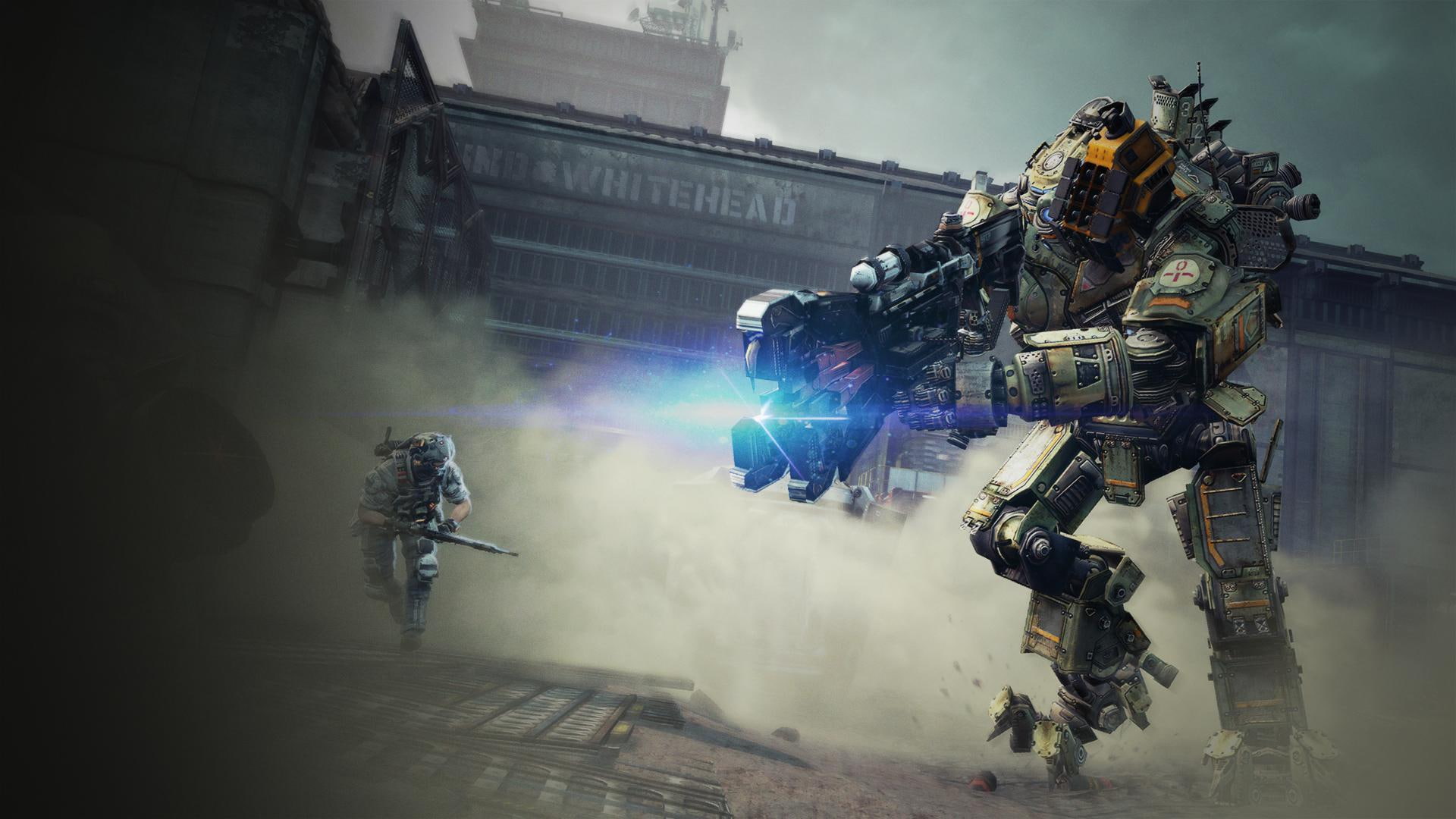 Smoke, Titan, Hunter, Lights, Equipment, Light, Electronic Arts, Soldiers, Weapons, Pilot, Dust, Building, Robot, Titanfall, Clouds, 1080P, The sky, Respawn, HD Wallpaper