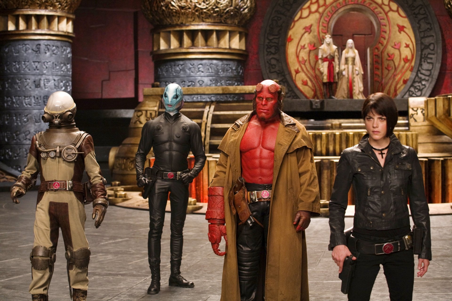men, Hellboy, three quarter length, architecture, clothing, Movie, representation, spirituality, Johann Kraus, Abe Sapien, sculpture, built structure, craft, HD Wallpaper