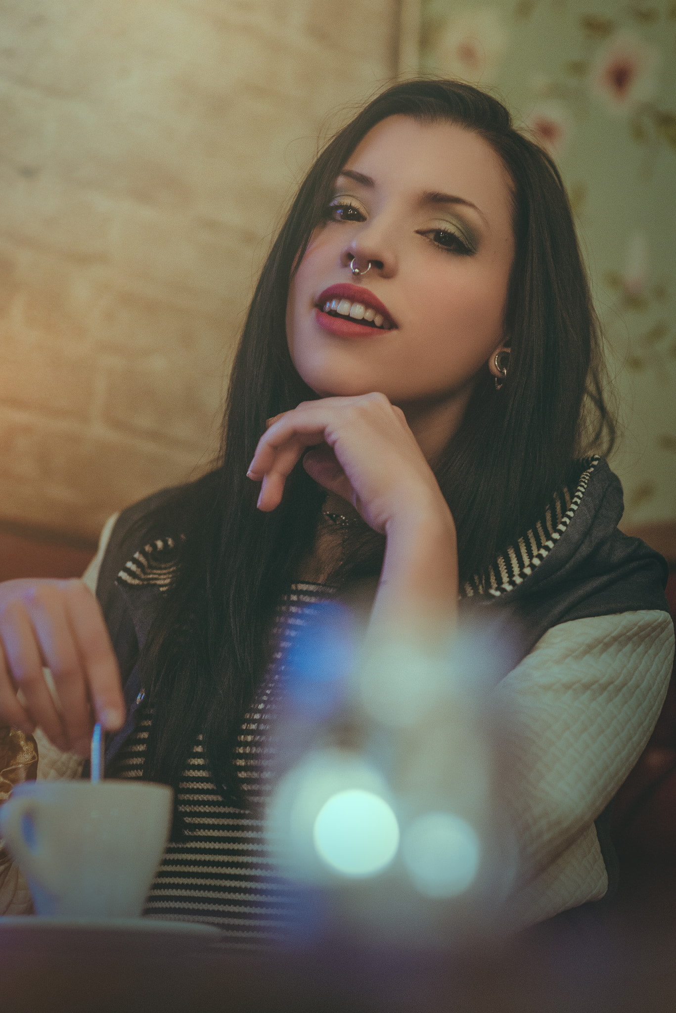 1080P, women, Ruben Cid, model, 500px, red lipstick, nose ring, dark hair, Phone HD Wallpaper