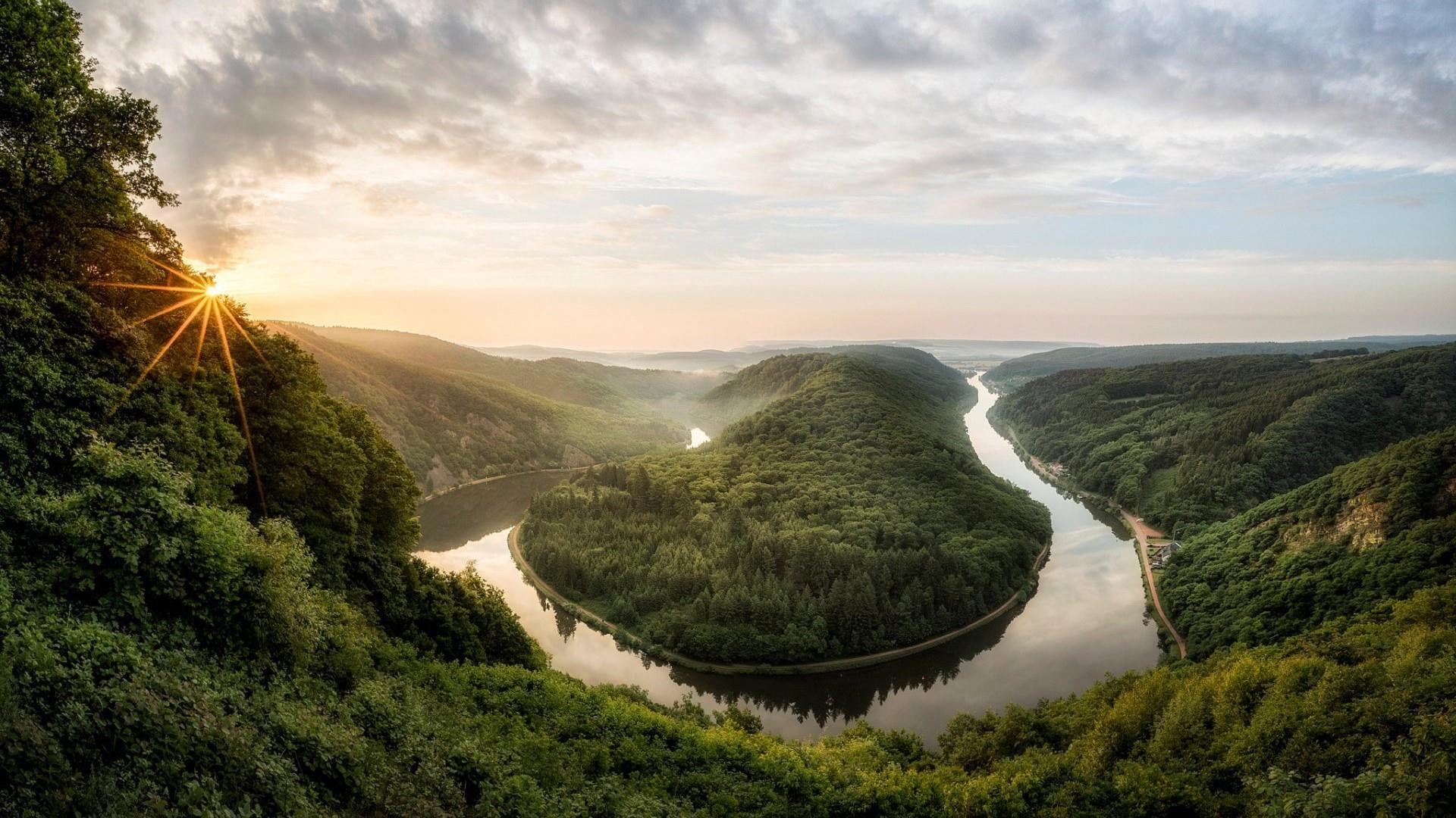 plant, nature, sunshine, no people, germany, valley, beauty in nature, land, sky, saarschleife, tranquil scene, tree, dale, water, mountain, non-urban scene, HD Wallpaper