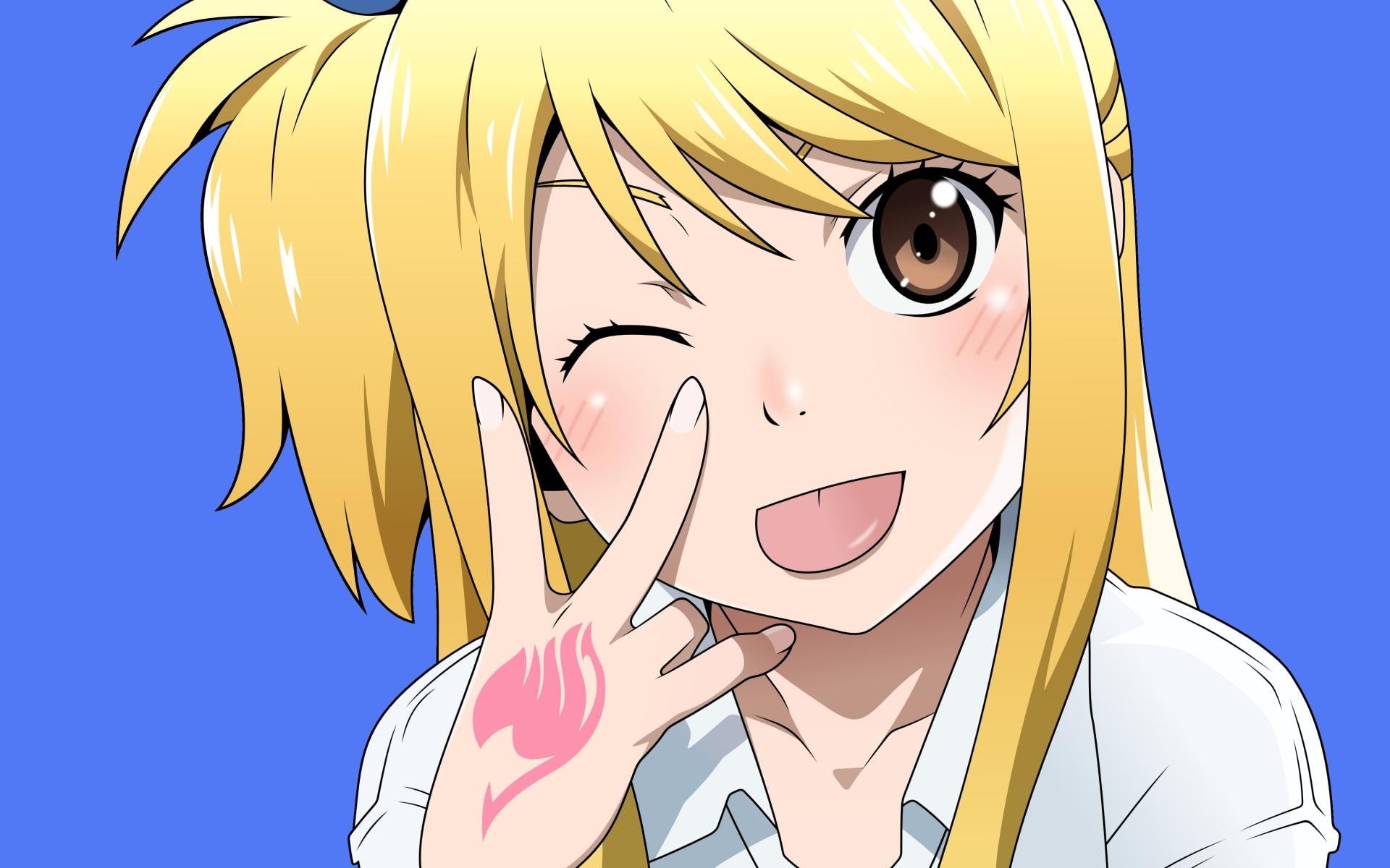anime, art and craft, representation, adult, yellow, Fairy Tail, human face, 1080P, women, sky, Heartfilia Lucy, one person, front view, portrait, lifestyles, HD Wallpaper