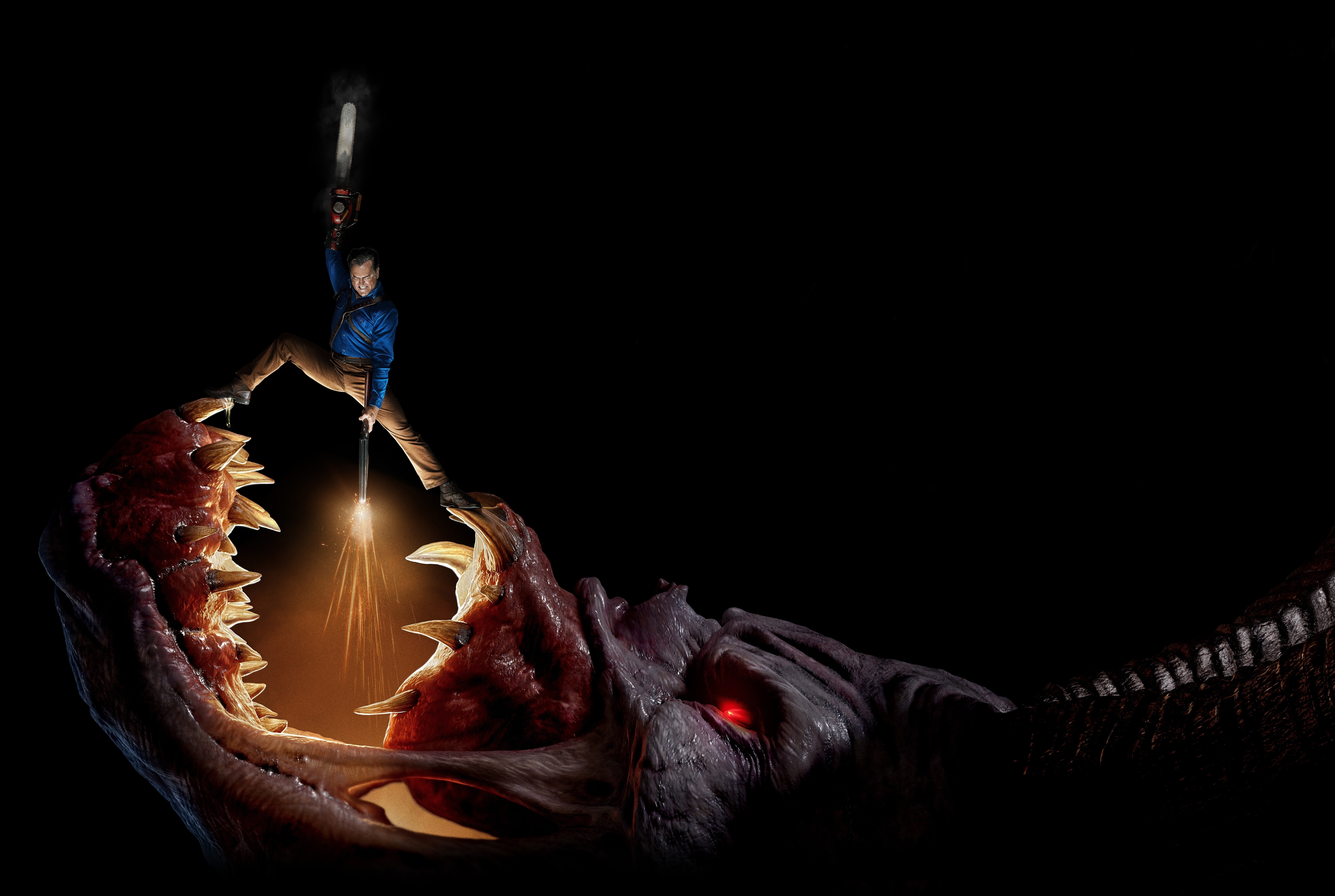 8K, indoors, representation, illuminated, arms raised, three quarter length, copy space, 2018, casual clothing, Ash vs Evil Dead, dark, 4K, digital composite, HD Wallpaper