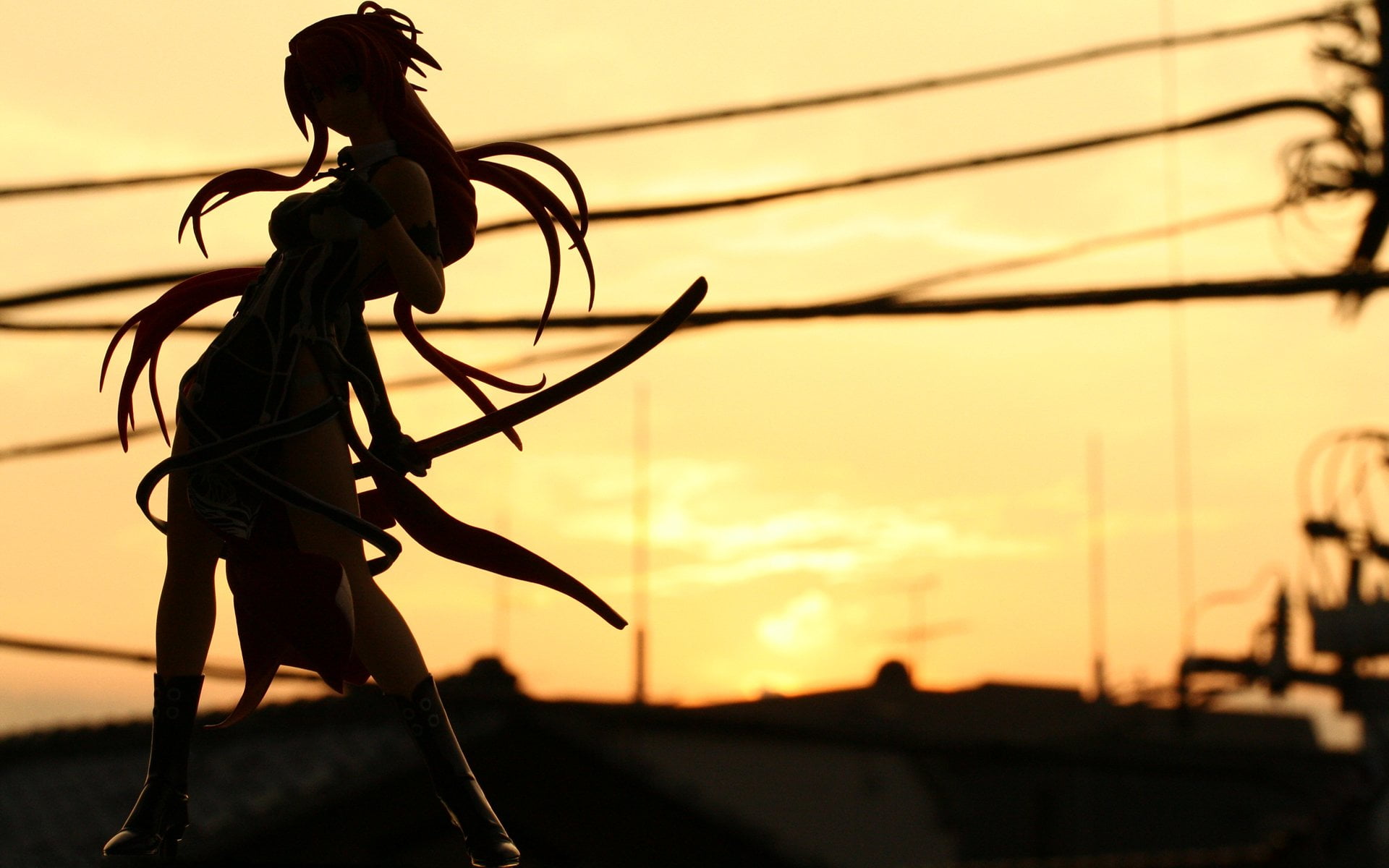 no people, power line, sculpture, Dusk, woman, nature, beauty in nature, close-up, art and craft, sunset, dress, Anime, lifestyles, silhouette, Highschool Of The Dead, HD Wallpaper