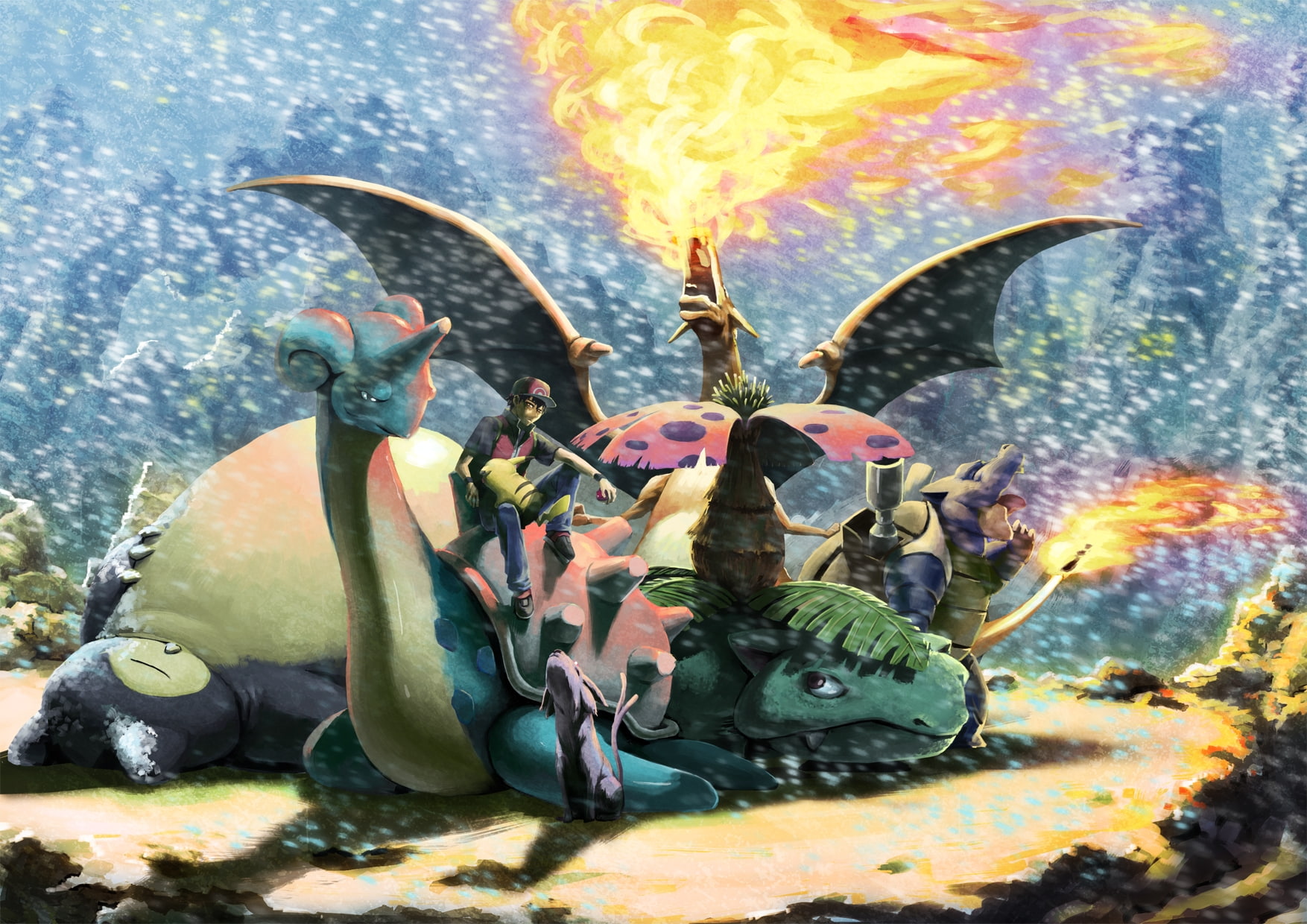 espeon, Venusaur, charizard, lapras, snorlax, pikachu, art, 720P, blastoise, x, anime, hd, pokemon, HD Wallpaper