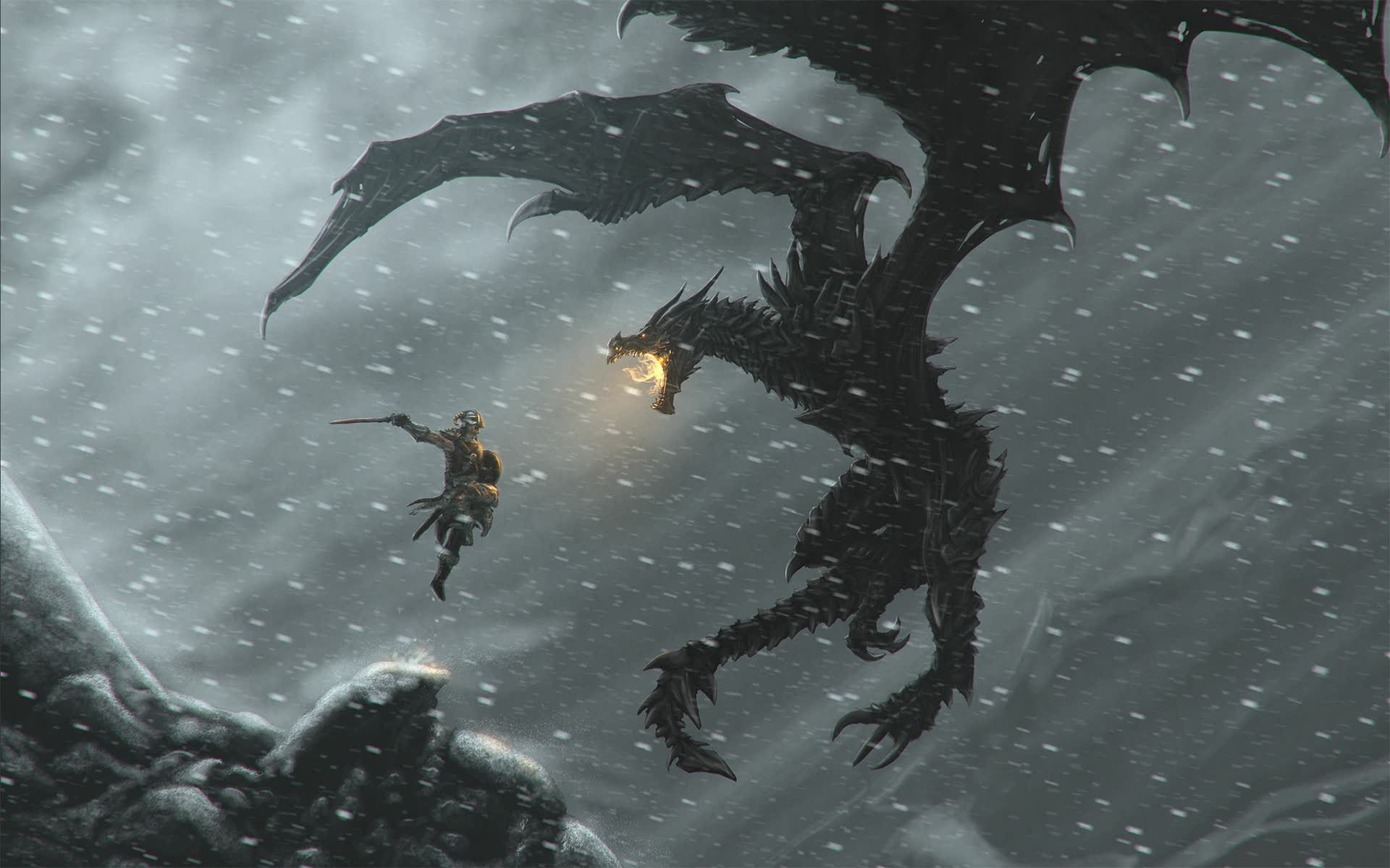 1080P, scrolls, snow, elder, video games, dragon, hd, skyrim, HD Wallpaper