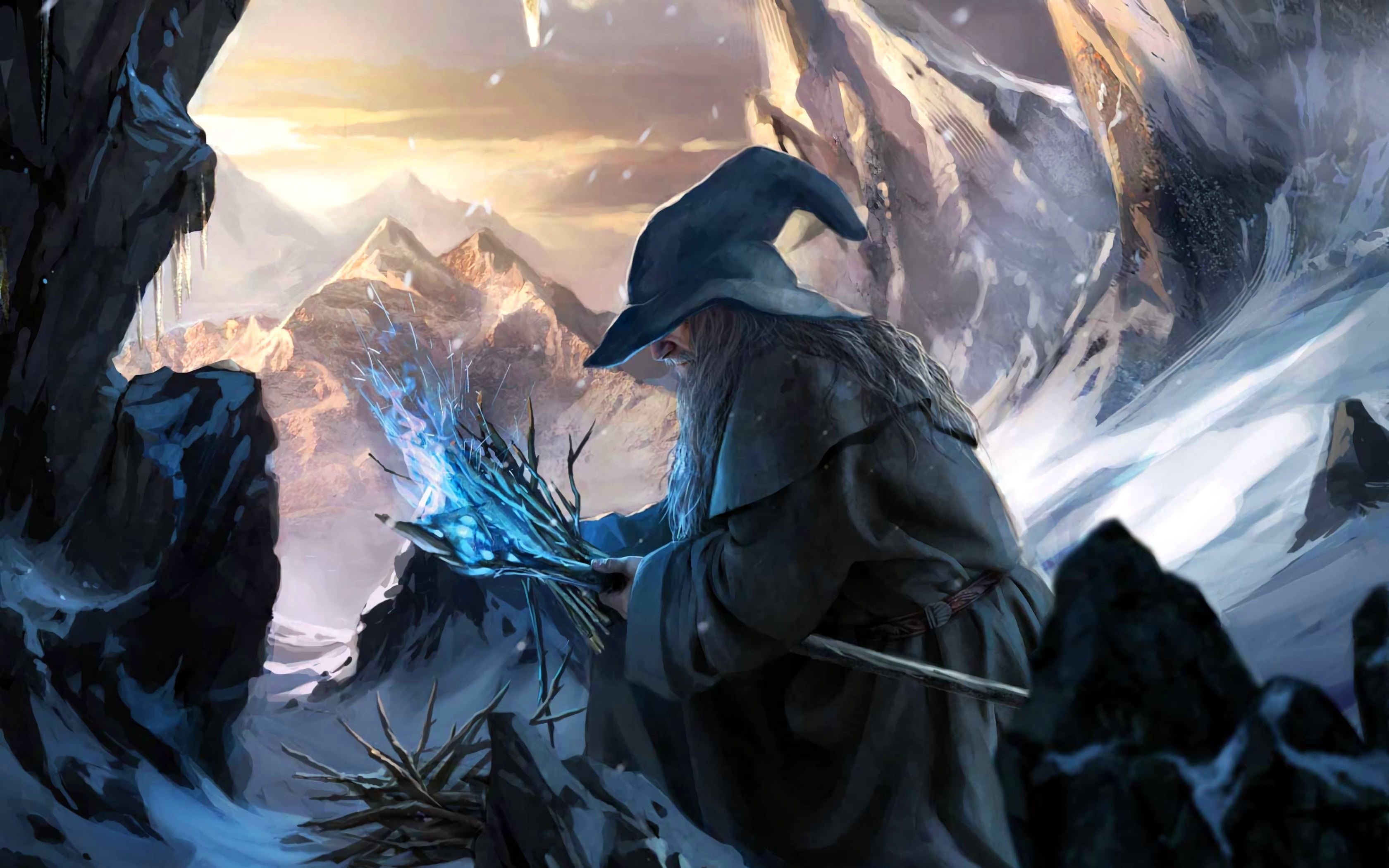 artwork, The Lord of the Rings, fictional character, rocks, fantasy art, outdoors, burning, digital art, Gandalf, fire, sun rays, sunset, rock, mountains, HD Wallpaper