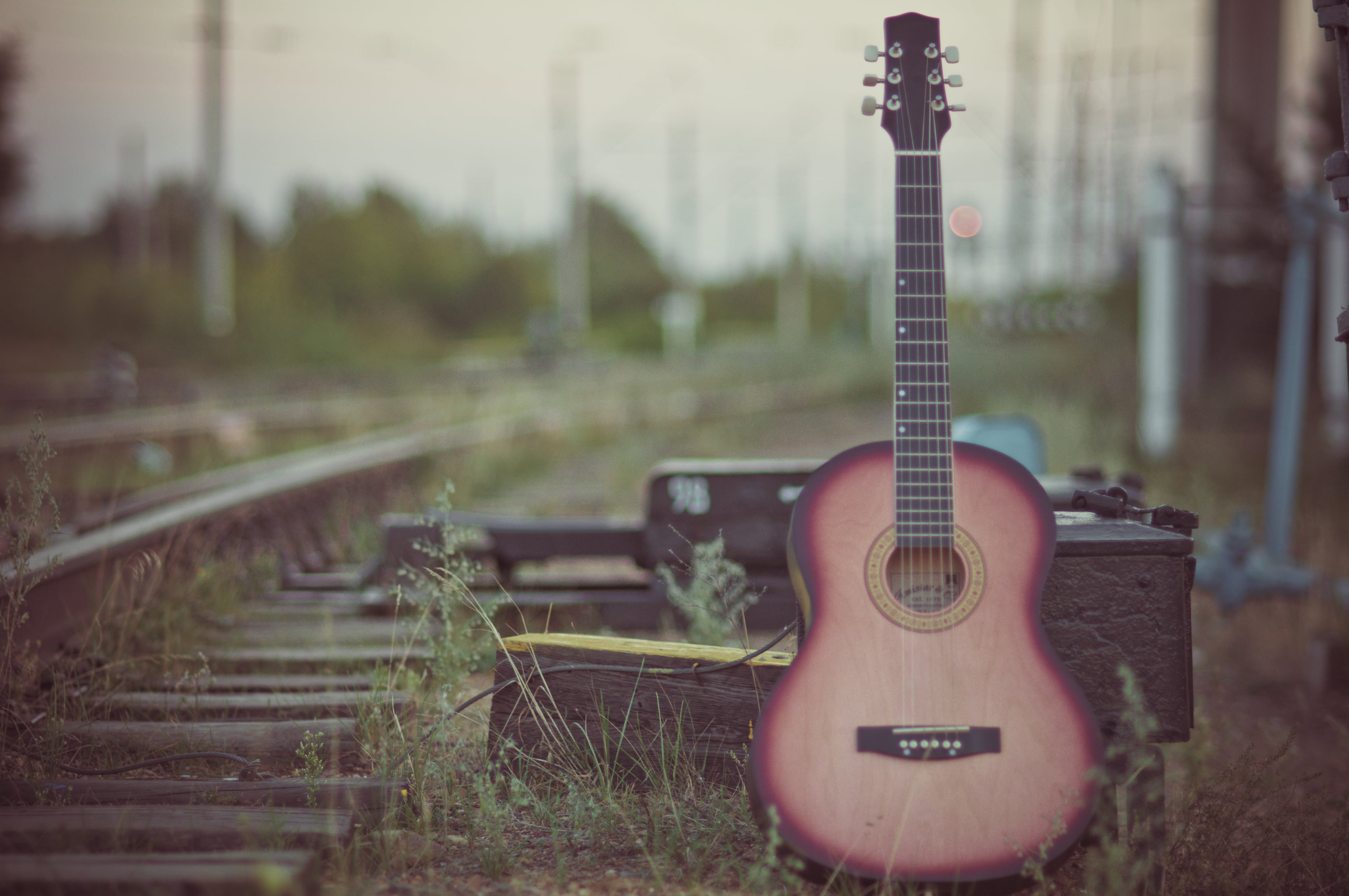 acoustic, tree, rail transportation, brown, nature, street, blur, string instrument, musical equipment, transportation, no people, selective focus, black, HD Wallpaper