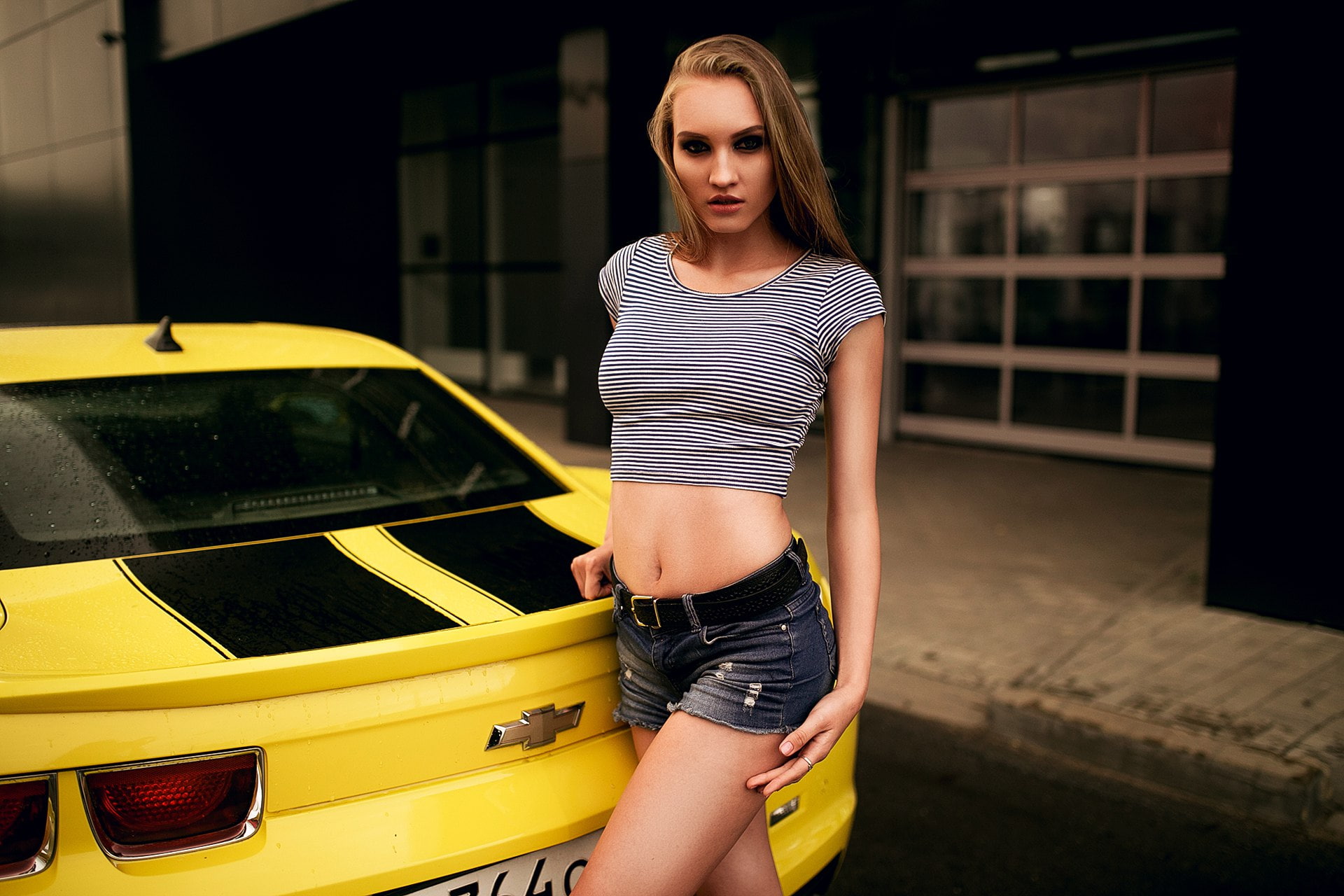 brunette, women outdoors, women, car, jean shorts, portrait, belly, Camaro, blonde, 1080P, HD Wallpaper