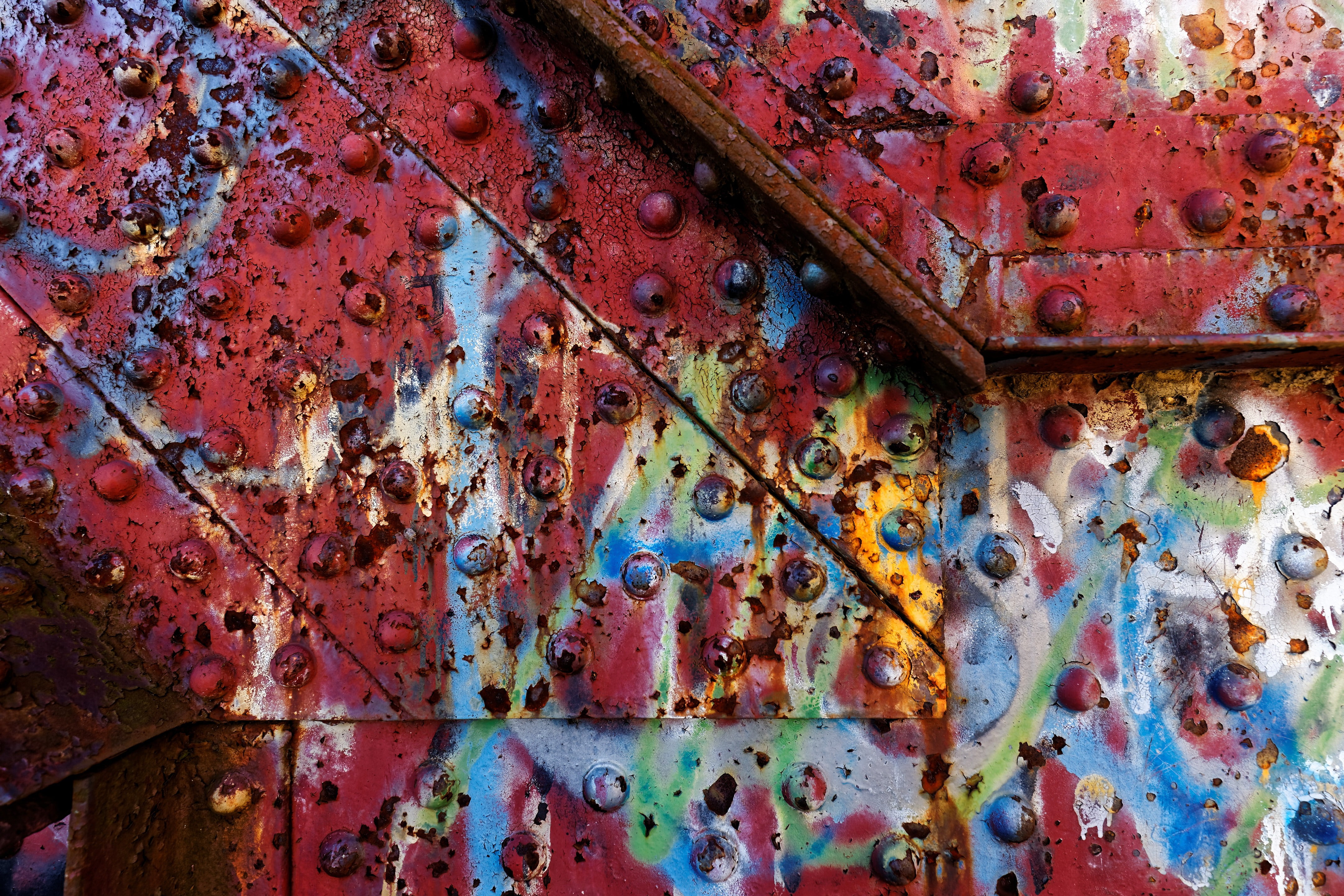run-down, metal, paint, texture, multi colored, close-up, obsolete, decline, weathered, wall - building feature, rust, abandoned, 4K, messy, day, full frame, HD Wallpaper