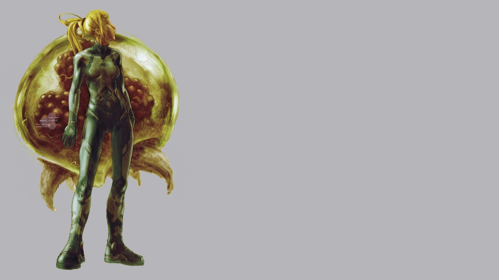 still life, Blonde, organic, Gray Background, single object, Nintendo, plant, Metroid, indoors, healthy eating, vegetable, Ponytail, green color, studio shot, HD Wallpaper