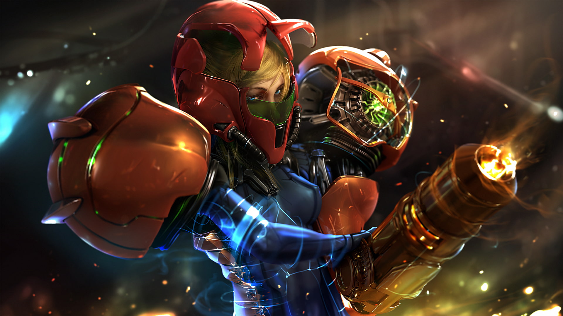 anime, technology, glowing, electricity, close-up, Bodysuit, illuminated, indoors, still life, Metroid, store, 1080P, focus on foreground, light - natural phenomenon, HD Wallpaper