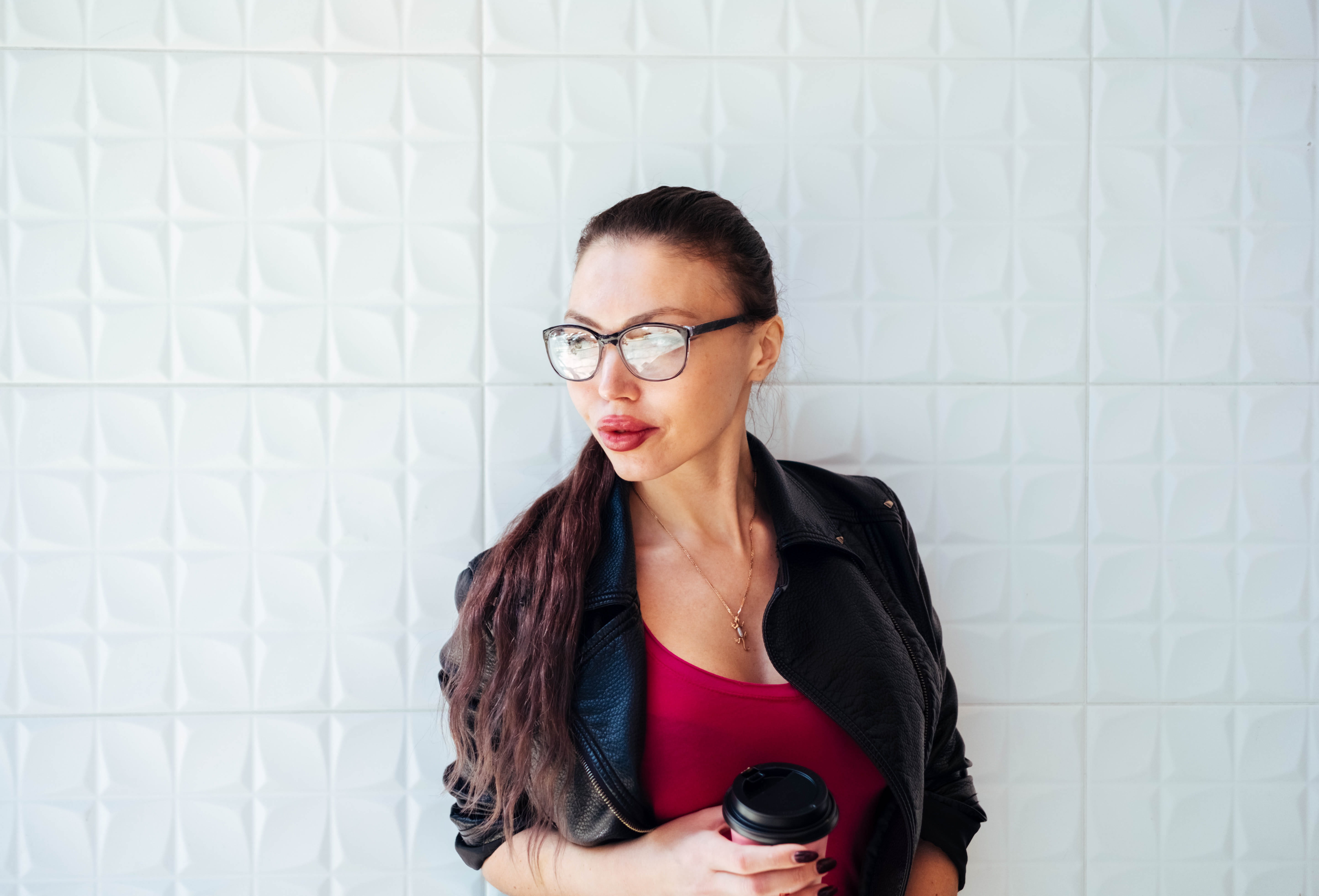 pose, wall, near, jacket, disposable, young, 5K, russian woman, model, woman, posture, young adult, black, waist up, businesswoman, one person, holding coffe, HD Wallpaper