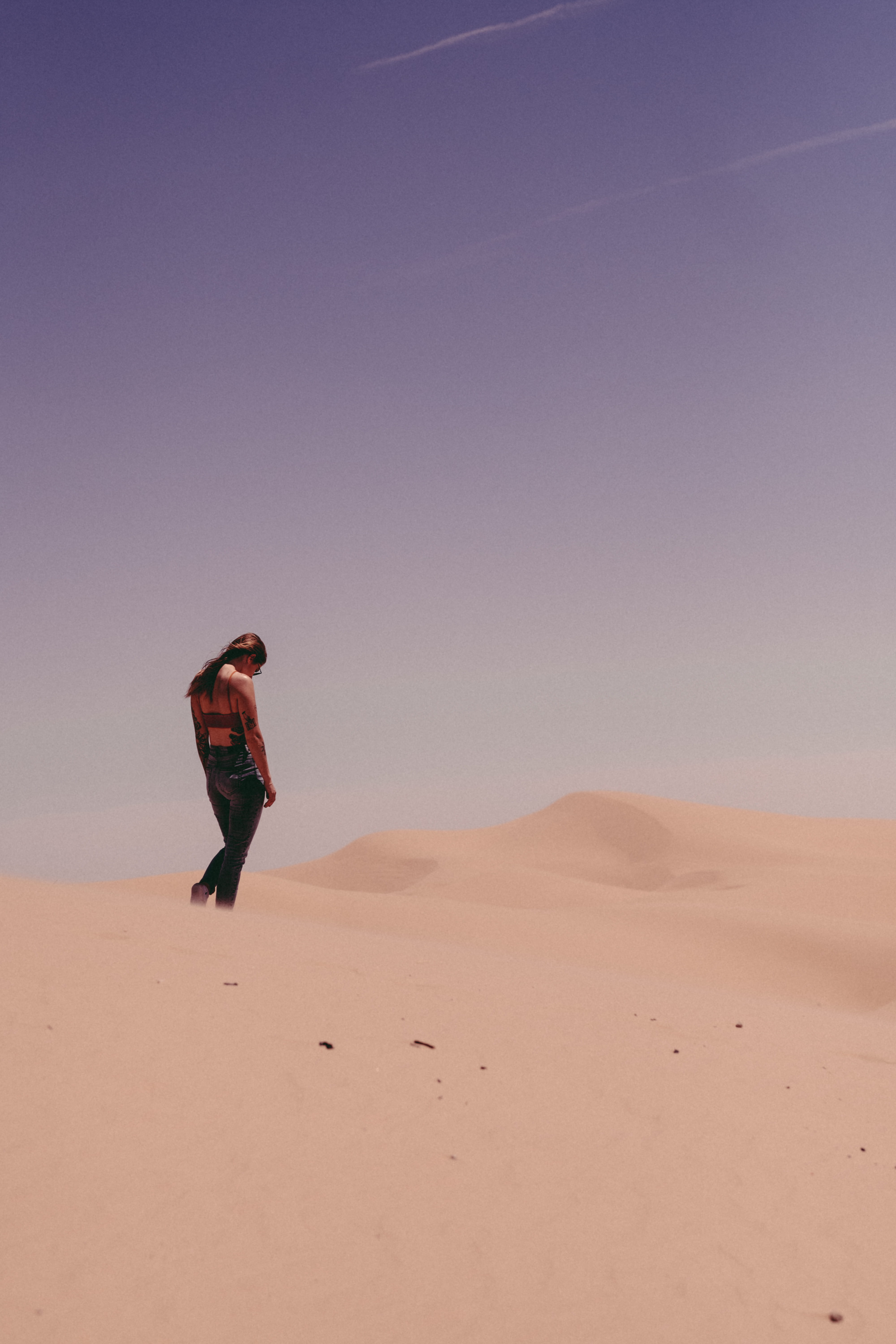 sky, desert, scenics - nature, sunlight, standing, fashion, clear sky, sad, landscape, girl, sand, lifestyles, one person, 5K, real people, alone, californium, Phone HD Wallpaper