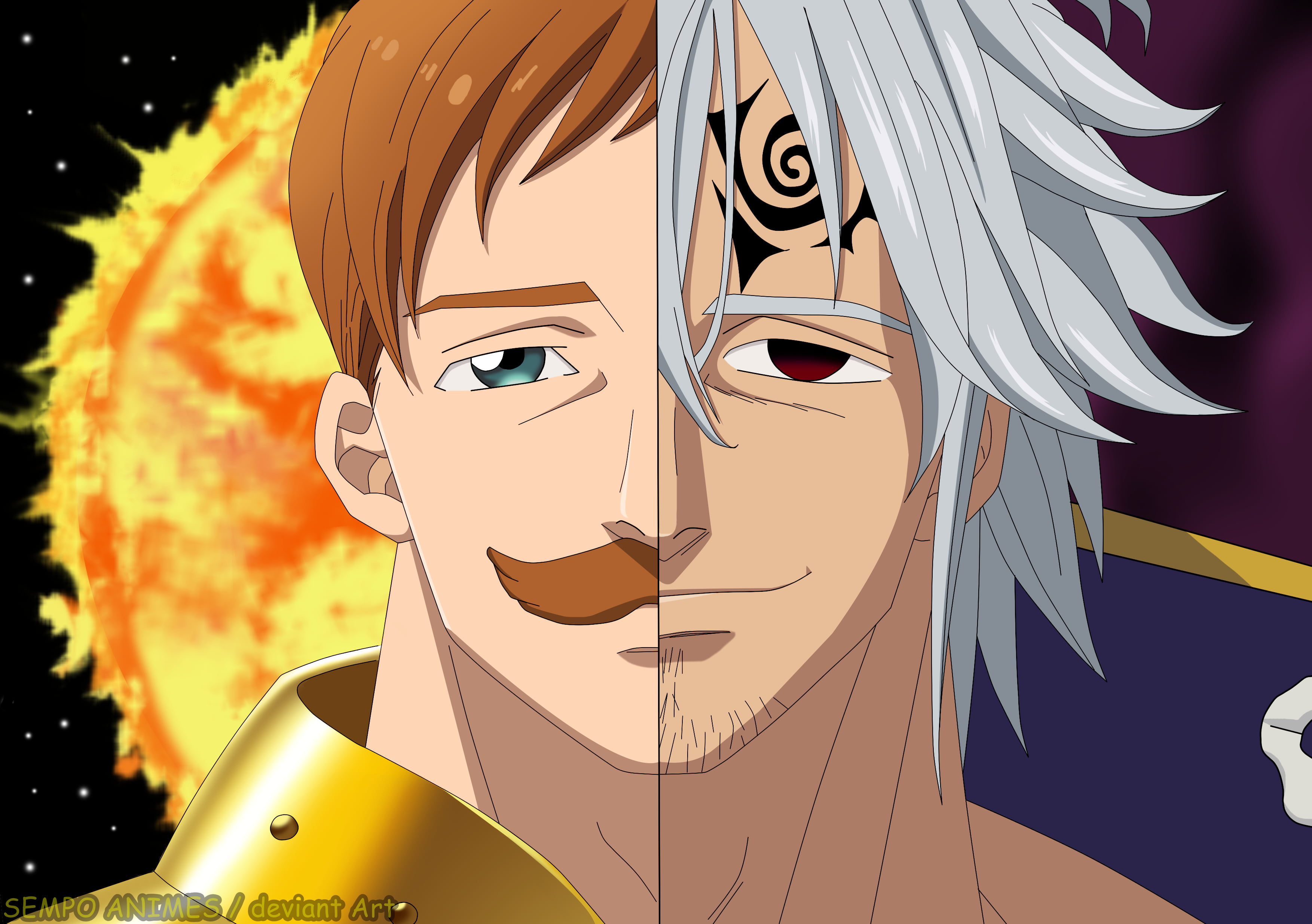 Grey Hair, 2K, Anime, Brown Hair, Estarossa (The Seven Deadly Sins), Escanor (The Seven Deadly Sins), The Seven Deadly Sins, Sun, Brown Eyes, Blue Eyes, HD Wallpaper