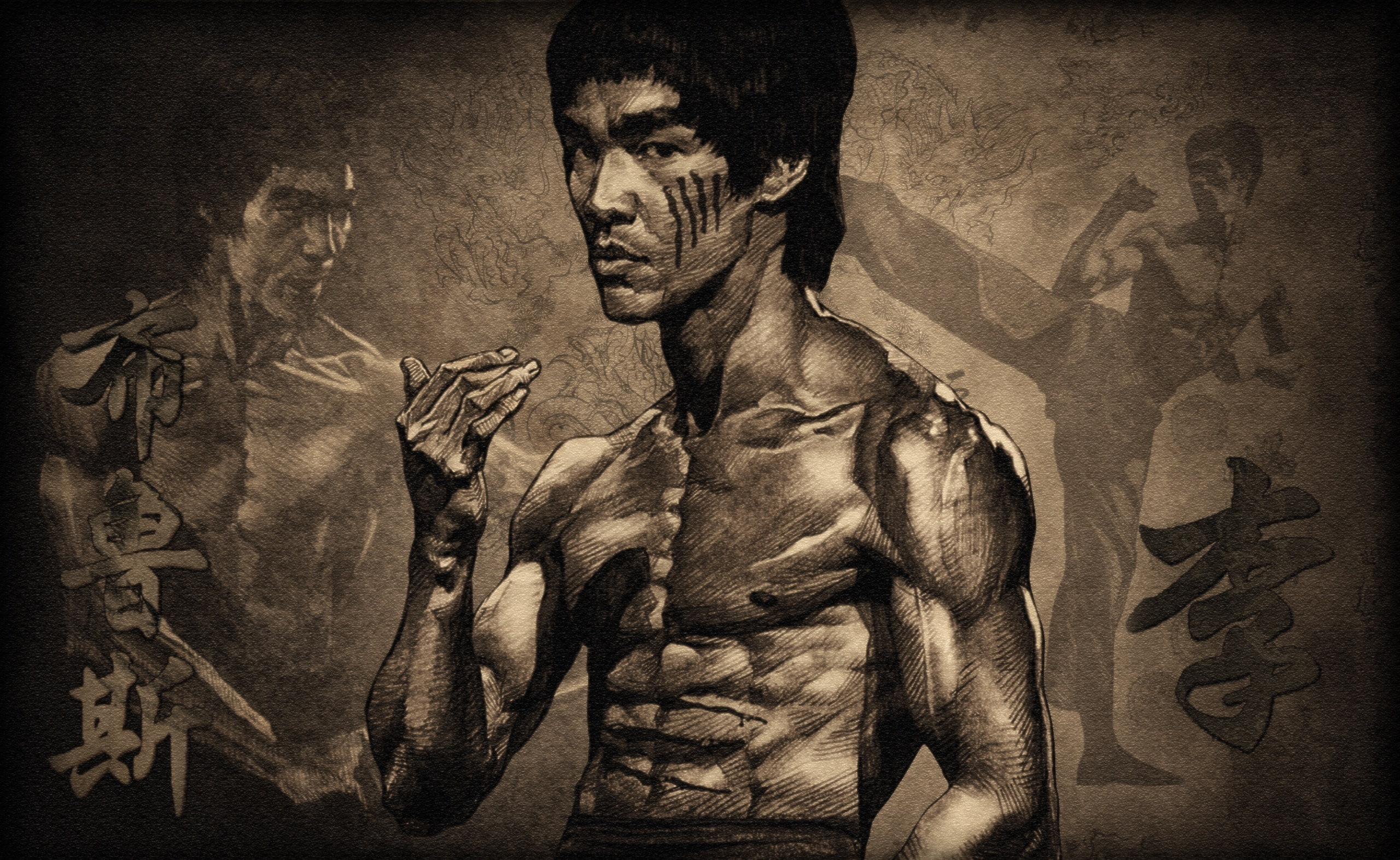 horror, sketch, human face, lee, portrait, male likeness, indoors, painted image, 2K, men, creativity, architecture, Bruce, Movies, shirtless, males, art and craft, HD Wallpaper