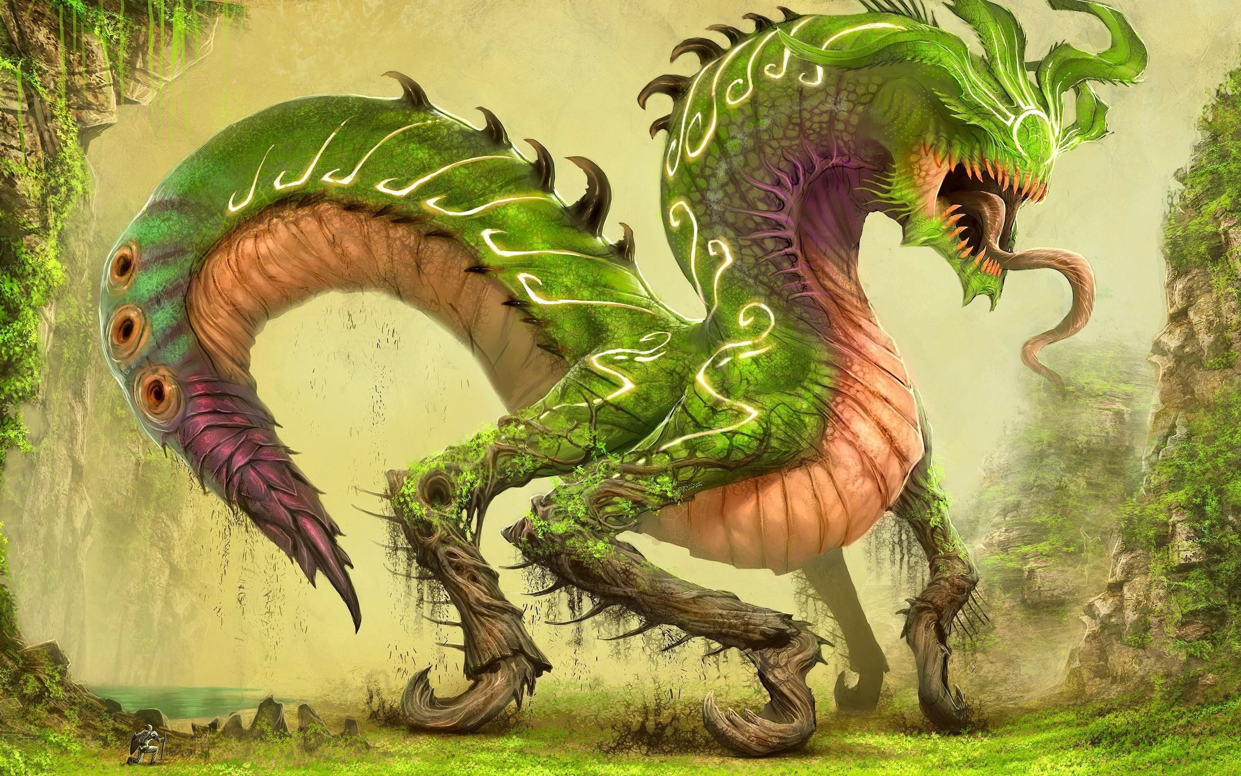 2K, beast, fantasy, dragon, 3d and abstract, painting, green, creature, HD Wallpaper