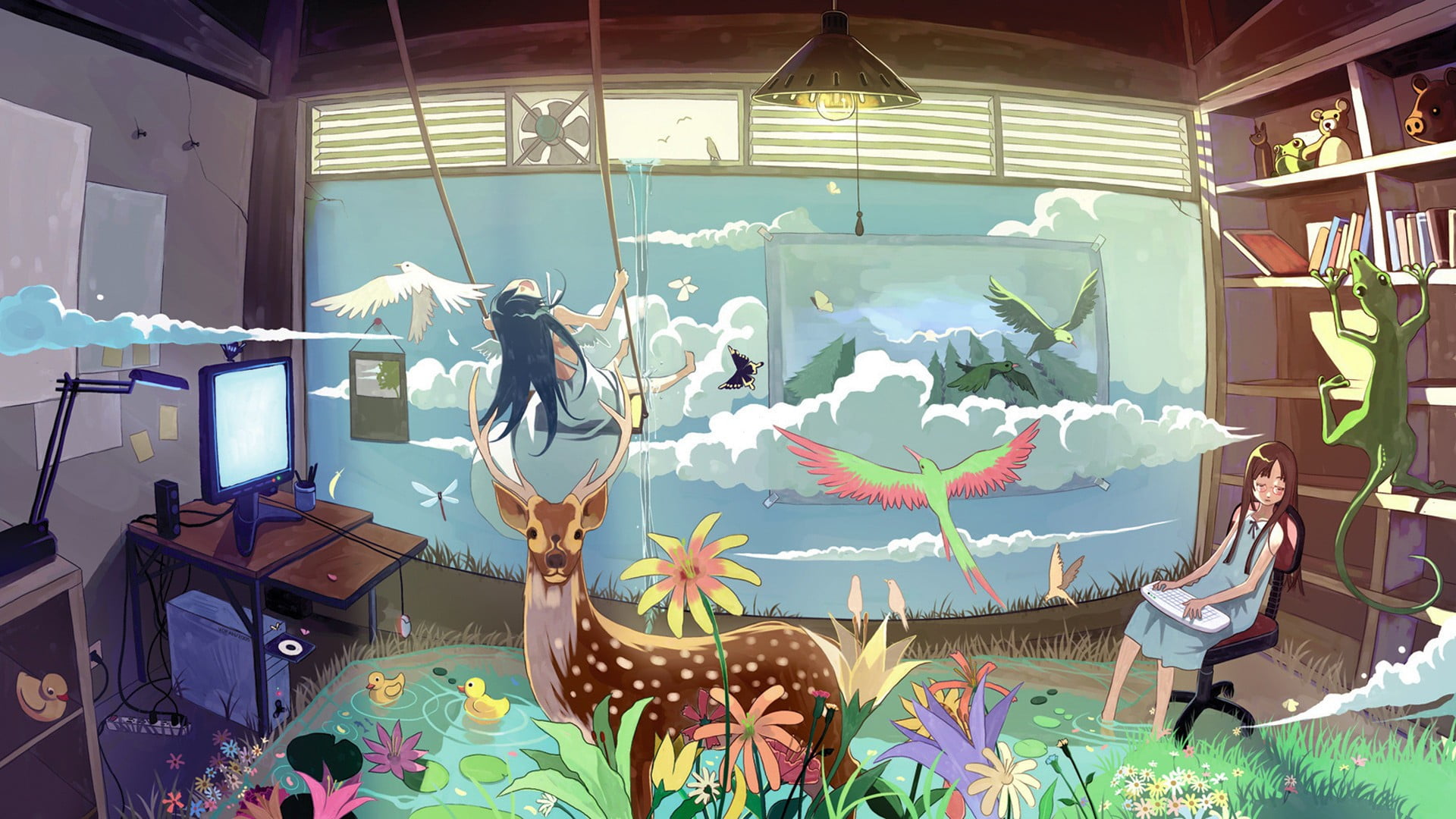 transparent, animals in the wild, sitting, chair, animal wildlife, vertebrate, near, day, animals, colorful, 1080P, group of animals, anime girls, mural, HD Wallpaper