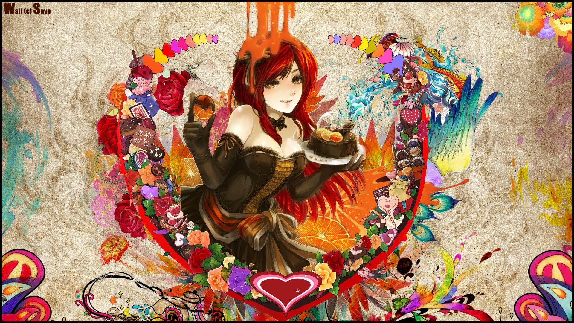 female, flowers, original characters, characters, original, colorful, hearts, art, painting, redhead, anime girls, 1080P, cakes, anime, girls, HD Wallpaper