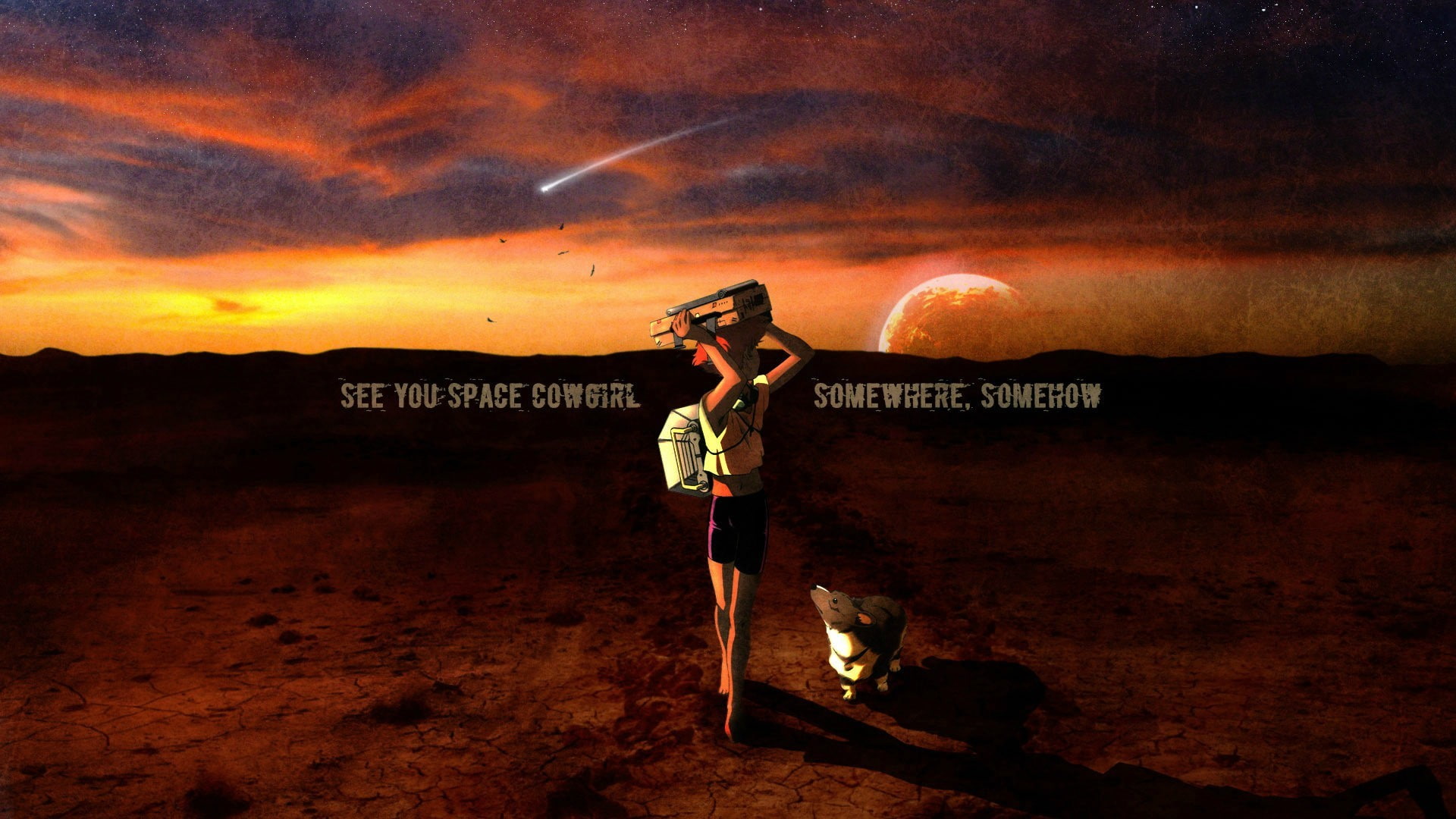 young adult, dramatic sky, sky, nature, full length, text, sign, standing, land, digital composite, night, one person, Cowboy Bebop, sunset, clothing, 1080P, HD Wallpaper