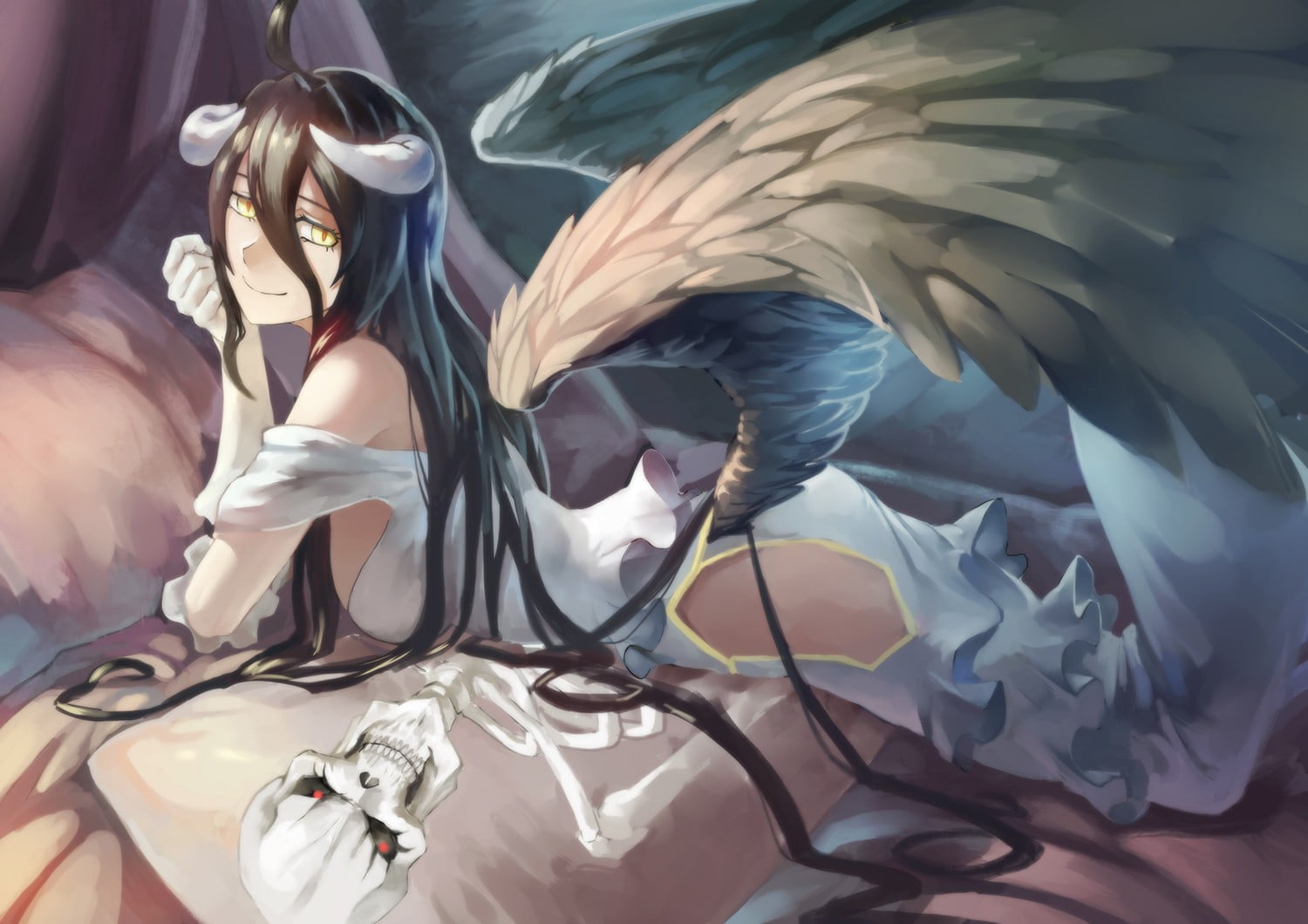 720P, young adult, bed, Albedo (OverLord), reflection, leisure activity, one person, indoors, high angle view, furniture, anime girls, Overlord (anime), HD Wallpaper