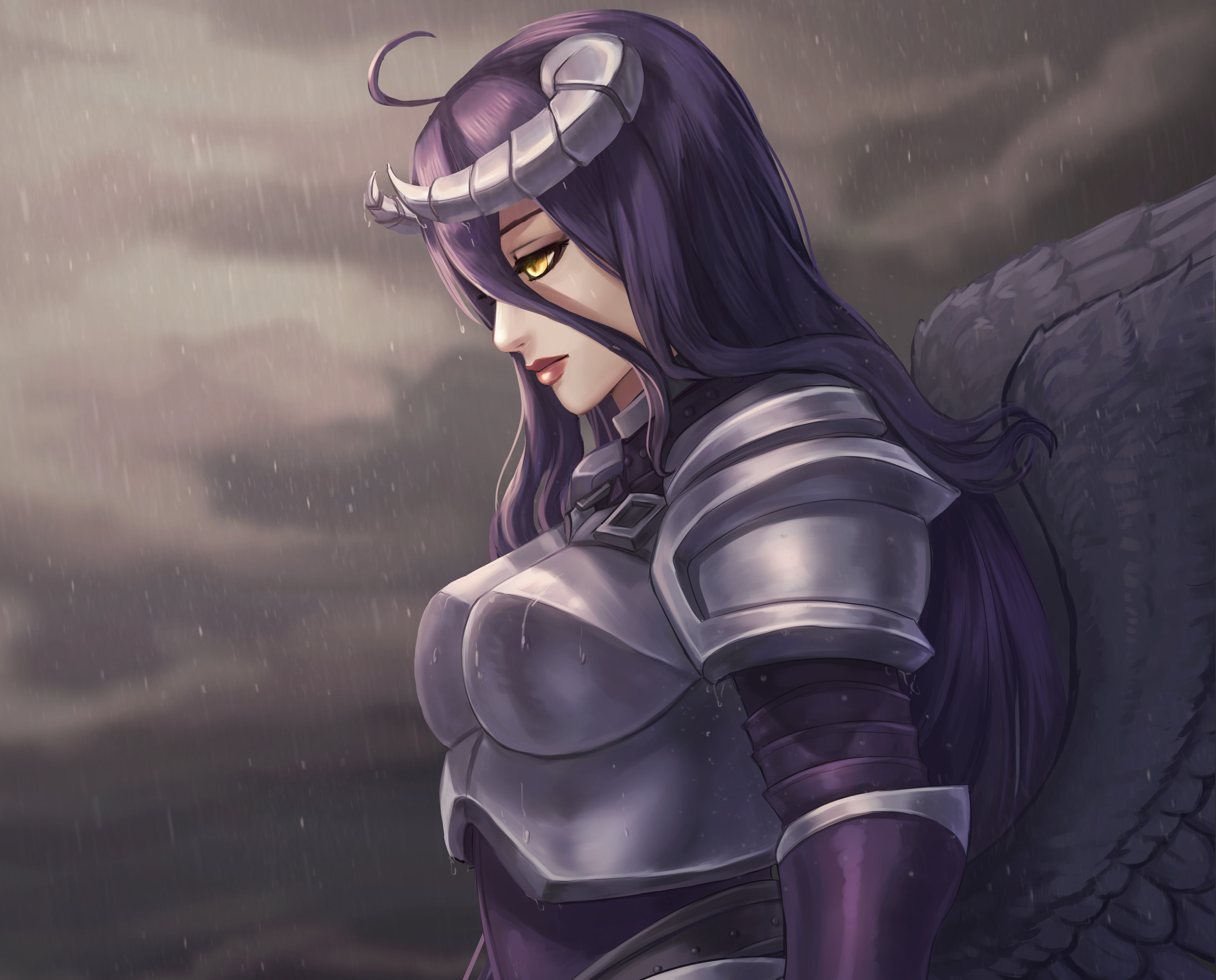 Overlord, Armored Albedo, armor, art, girl, 4K, horns, HD Wallpaper