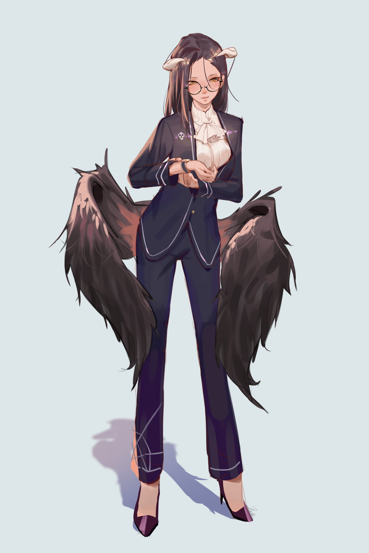 anime girls, Albedo (OverLord), 1080P, long hair, smiling, succubus, 2D, yellow eyes, office uniform, Overlord (anime), glasses, blushing, demon girl, Phone HD Wallpaper
