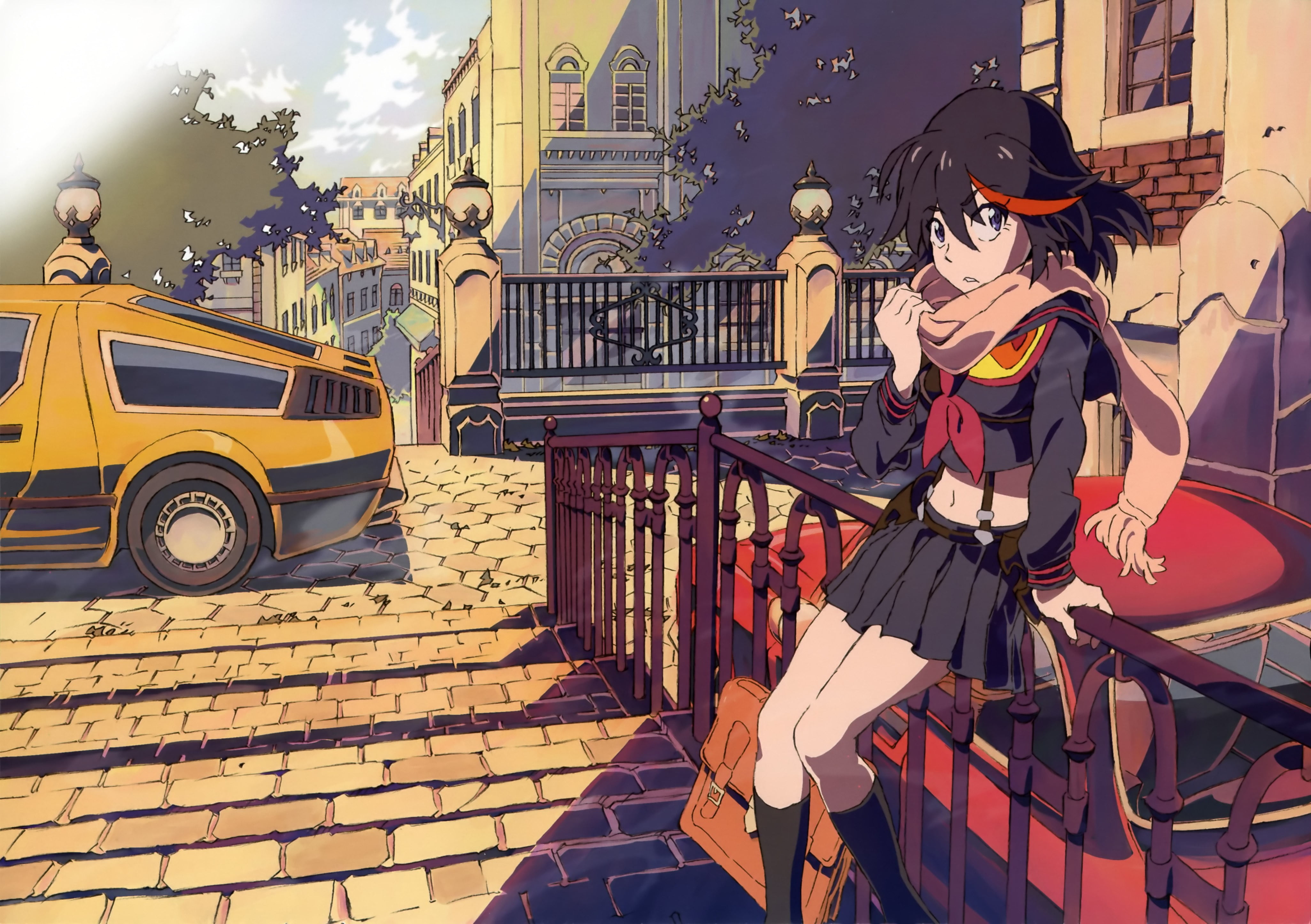 land vehicle, short hair, building exterior, anime, nature, built structure, Kill la Kill, Matoi Ryuuko, lifestyles, day, car, anime girls, brunette, mode of transportation, HD Wallpaper