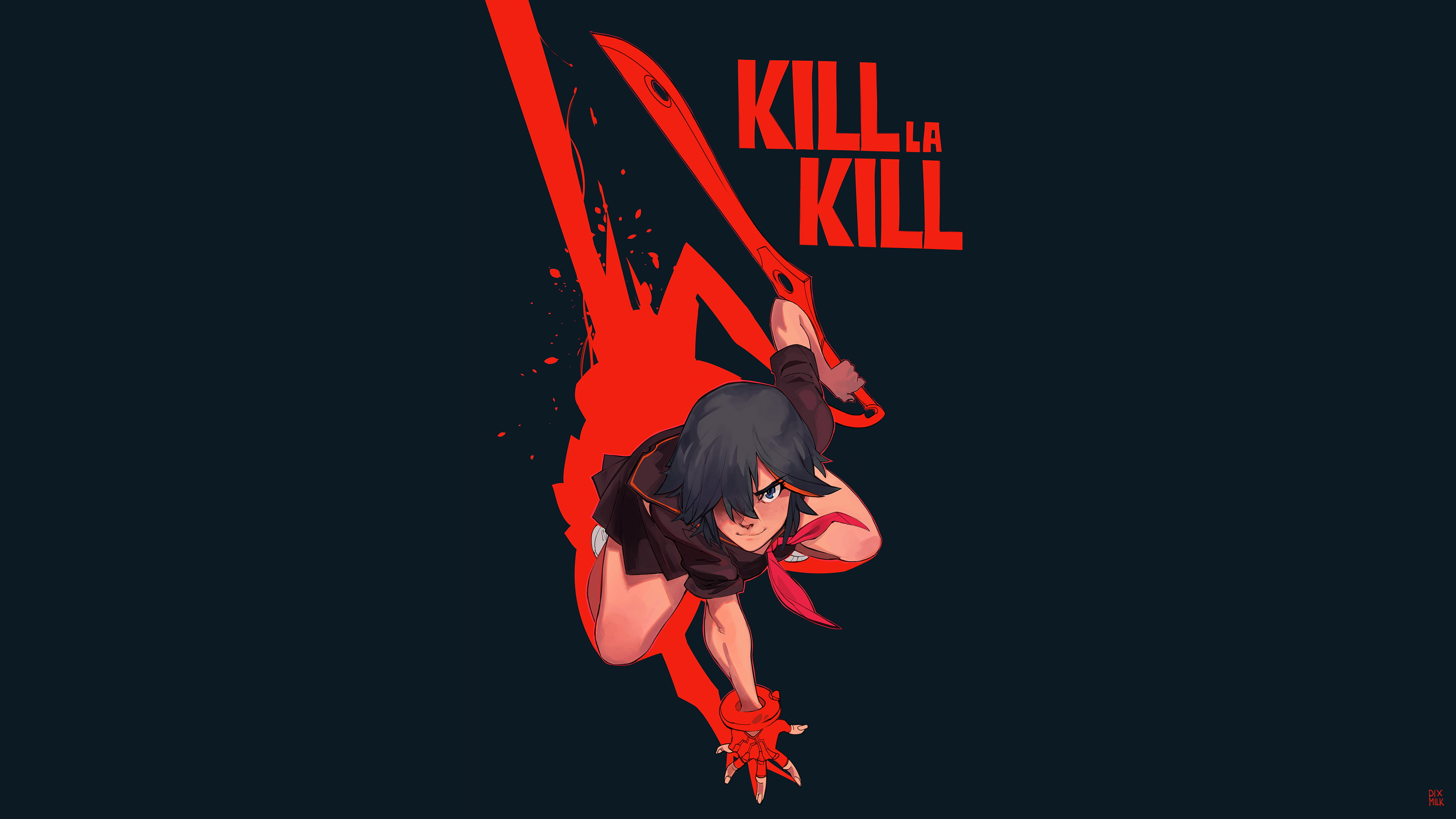 challenge, western script, brunette, black background, full length, anime girls, text, orange color, risk, indoors, Senketsu, schoolgirl, weapon, poster, HD Wallpaper