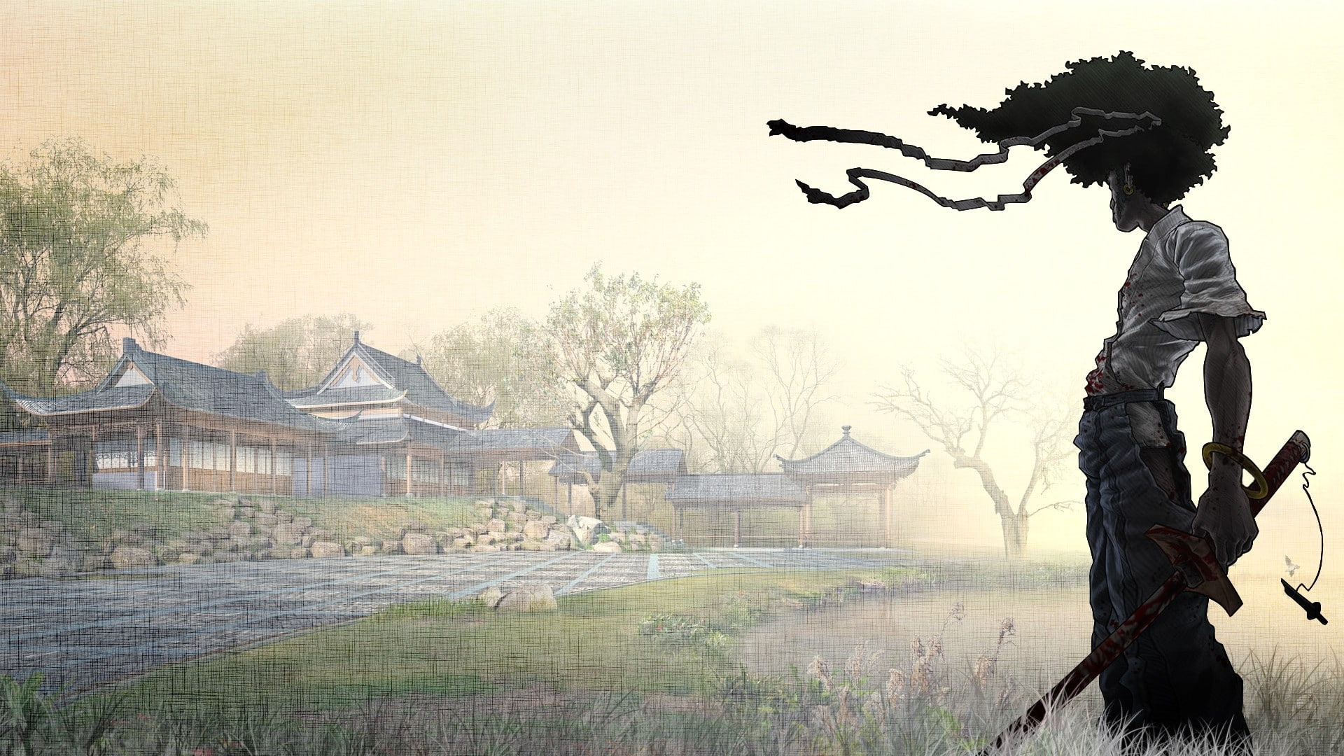 nature, plant, outdoors, full length, day, lifestyles, tree, architecture, women, sky, anime boy, Anime, katana, field, house, land, building exterior, HD Wallpaper