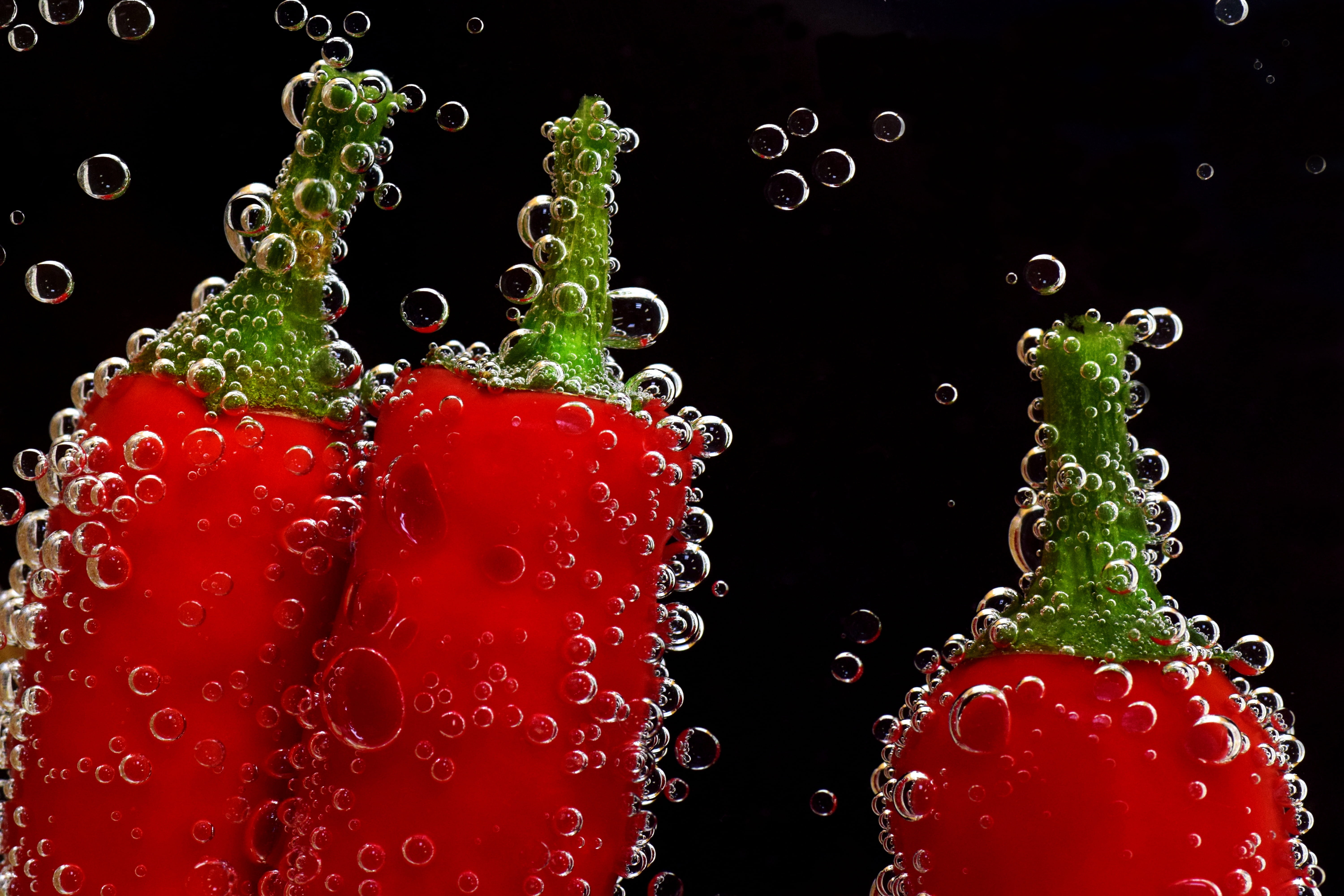 healthy eating, studio shot, three, red, nature, refreshment, no people, drop, drops, black background, pepper, splashing, peppers, paprika, multi colored, HD Wallpaper