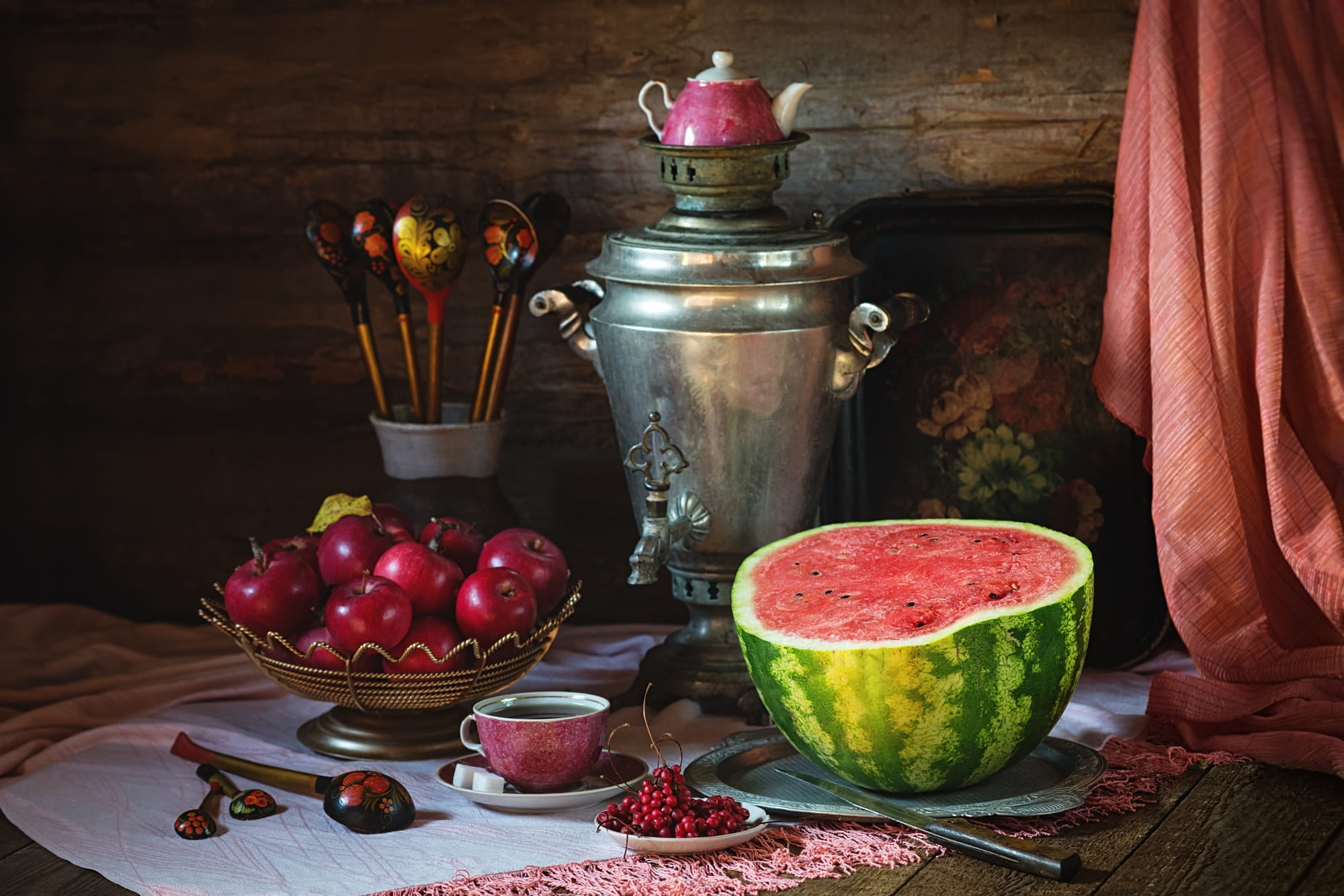 fabric, tray, towel, composition, table, infuser, sugar, the tea party, still life, wooden, wall, Russian style, hut, dishes, cut, 1080P, samovar, kettle, HD Wallpaper