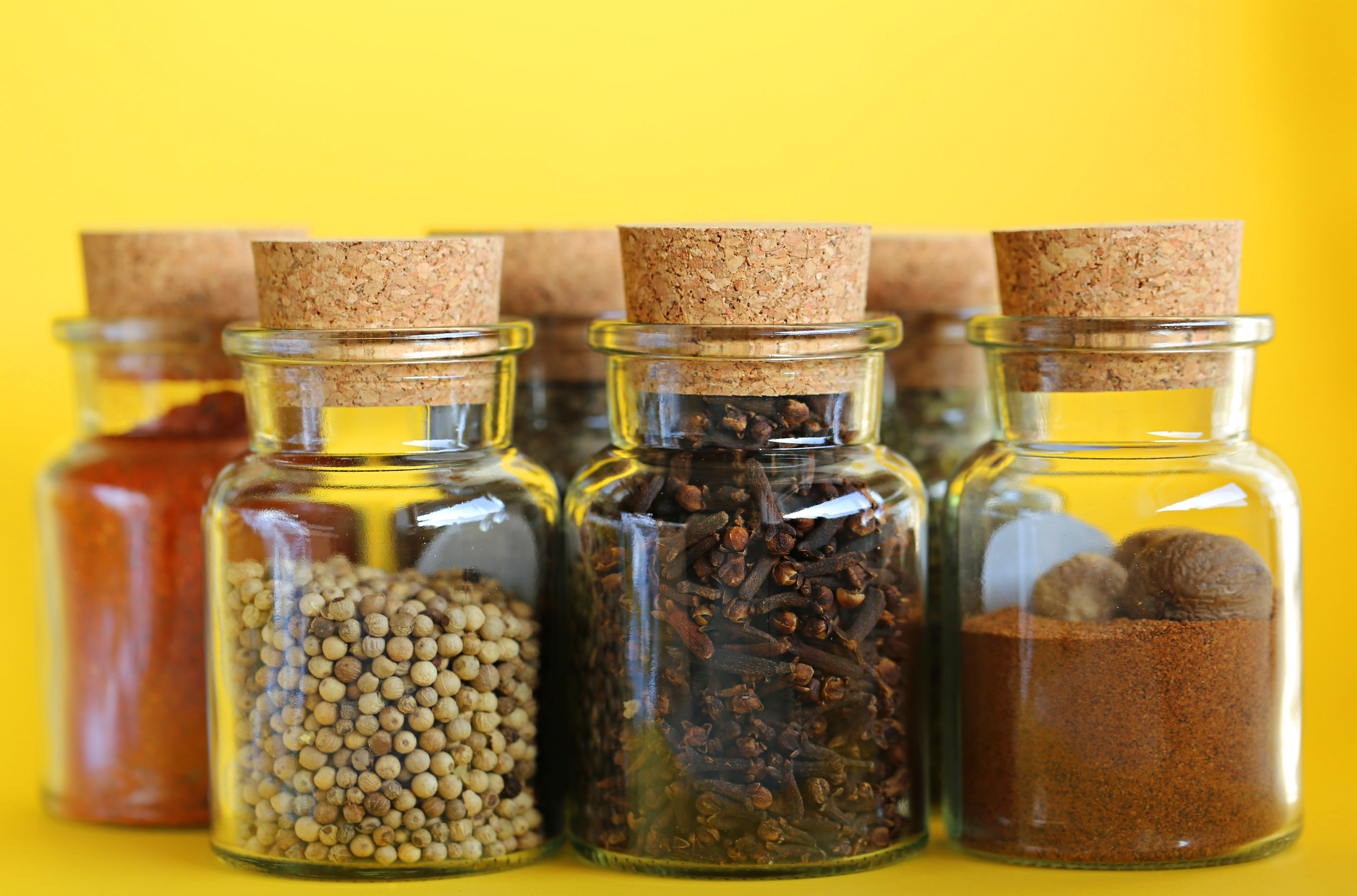 container, 5K, cooking, clear, variation, set, cover, glass - material, spice, freshness, bank, healthcare and medicine, herbal medicine, yellow, food, HD Wallpaper