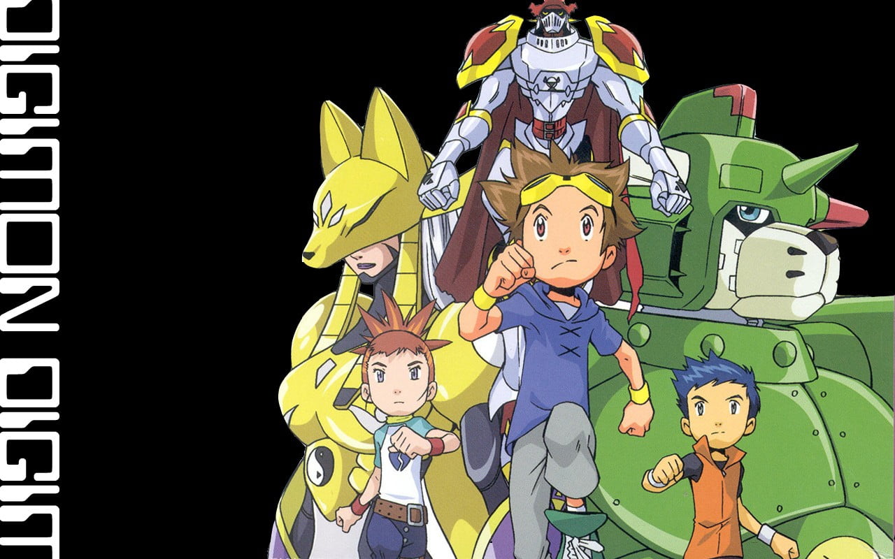 Digimon Adventure, black background, male likeness, women, studio shot, adult, 720P, art and craft, representation, human representation, females, standing, HD Wallpaper