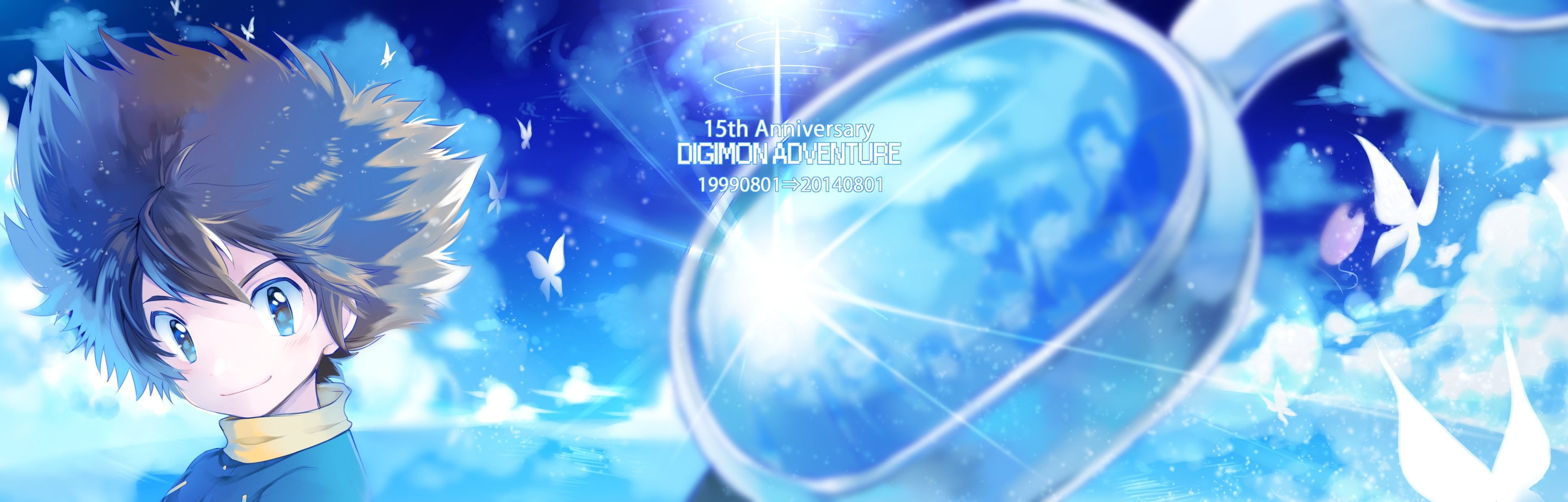 yagami, clouds, sky, butterfly, digimon, dualscreen, nijuu, goggles, taichi, male, miyukiyo, 2K, HD Wallpaper