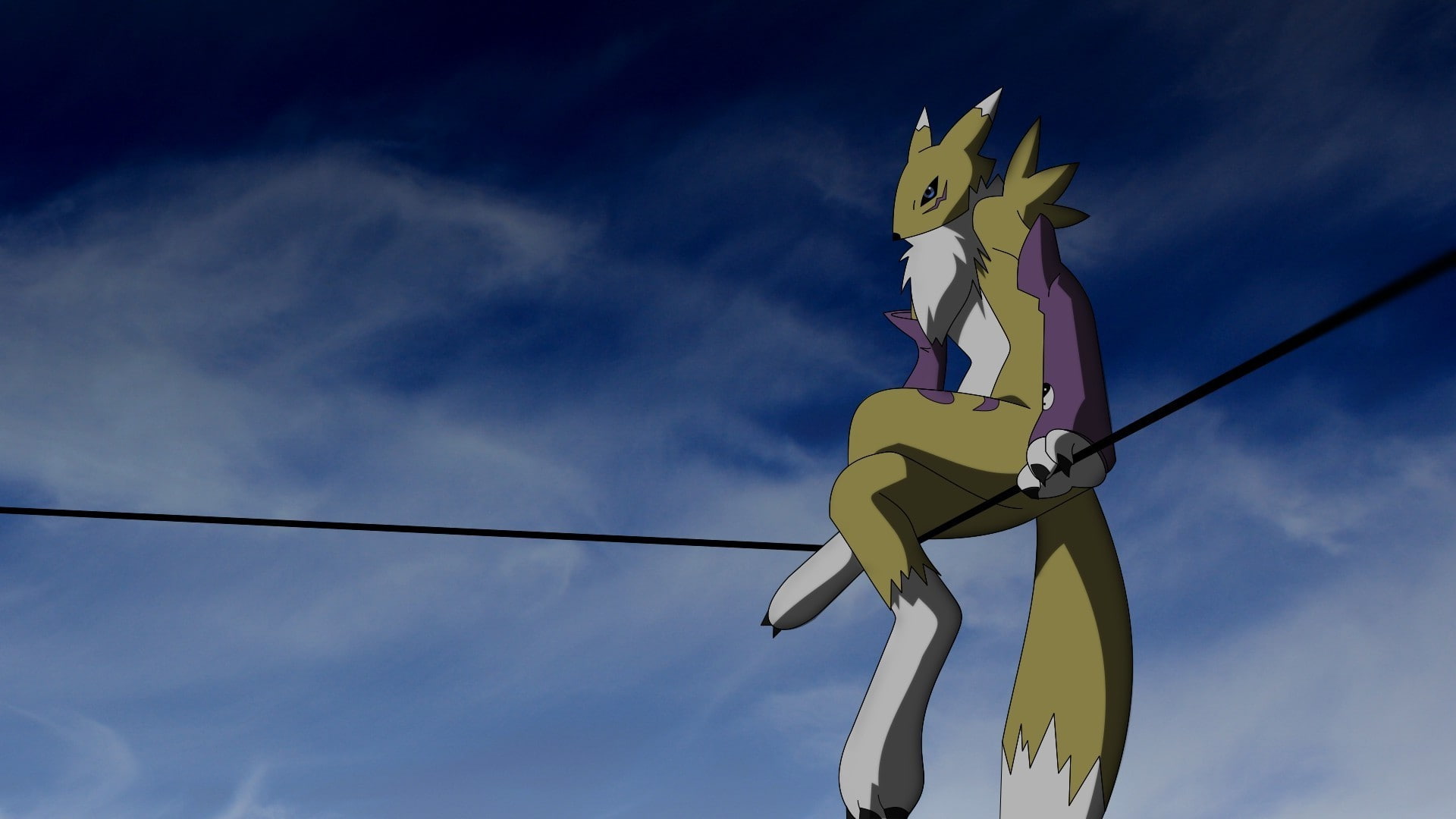 pole, transportation, cable, furry anthro digimon renamon, yellow, blue, no people, human representation, sport, representation, sky, emotion, 1080P, day, HD Wallpaper