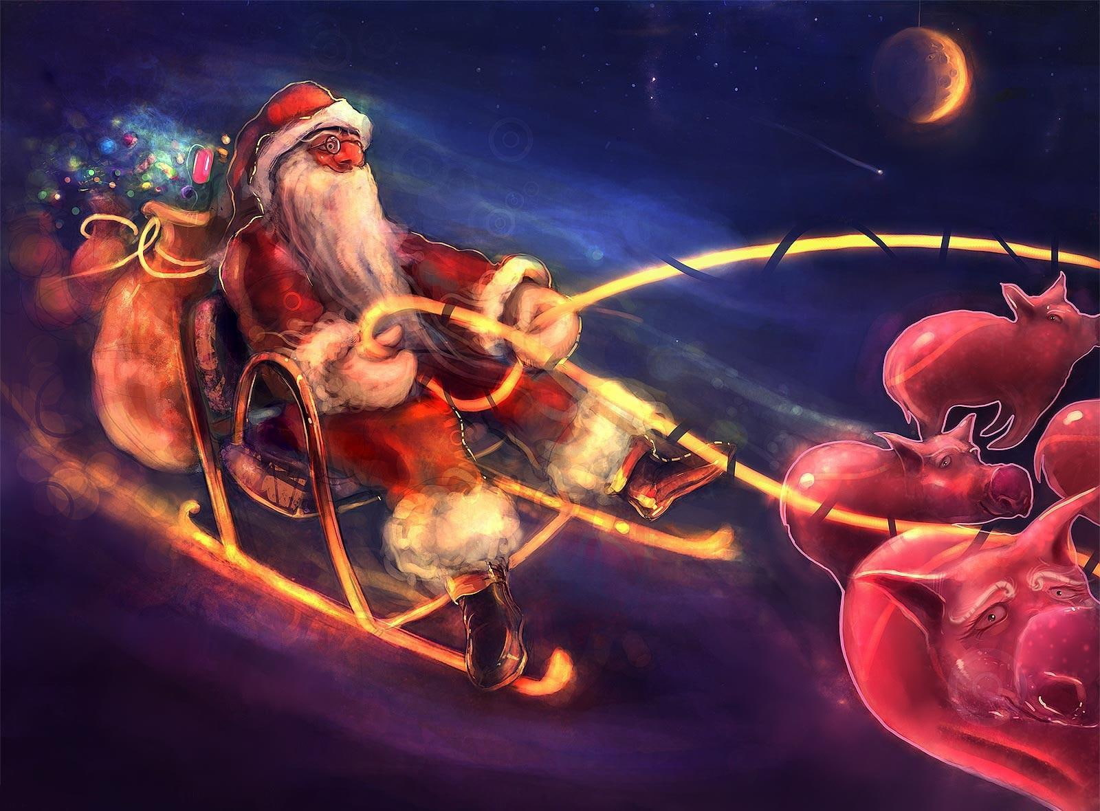 720P, gifts, santa, flying, santa claus, night, christmas, graphic, pigs, art, sleigh, sleds, claus, riding, HD Wallpaper