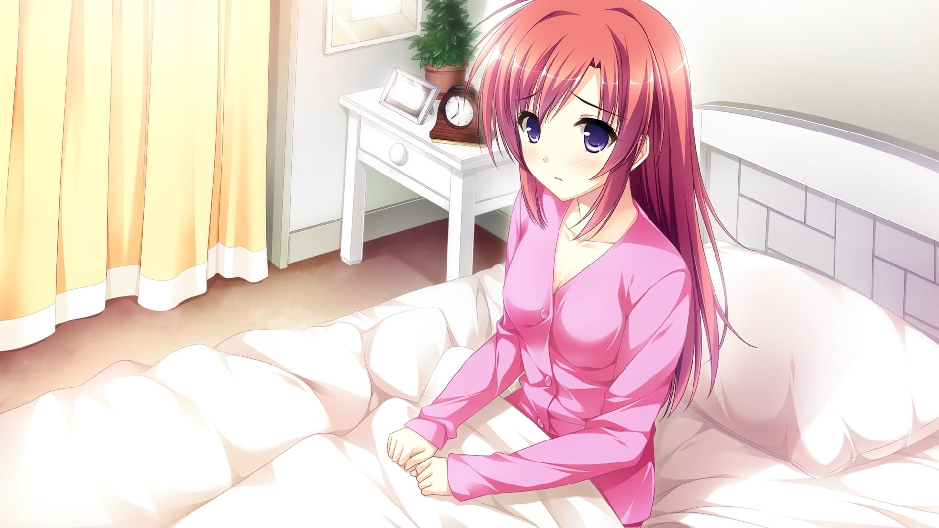 Hair, female, 1080P, Bed, Dress, Pink, Red, haired, character, brown, Anime, Girl, HD Wallpaper