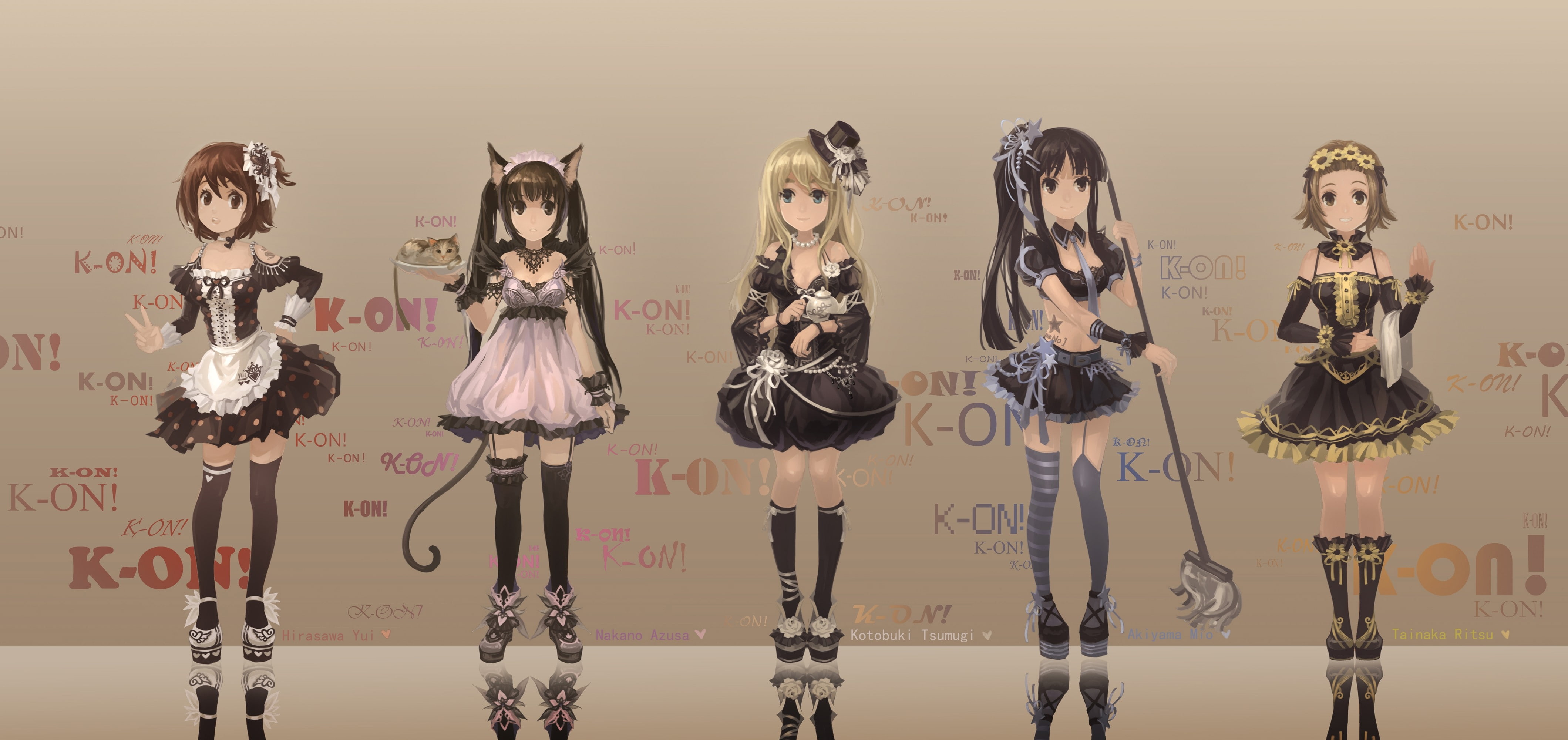hair, skirts, tattoos, cats, tie, animals, blue, dress, tails, long, maids, animal, art, eyes, 4K, blondes, kon, nekomimi, hd, HD Wallpaper