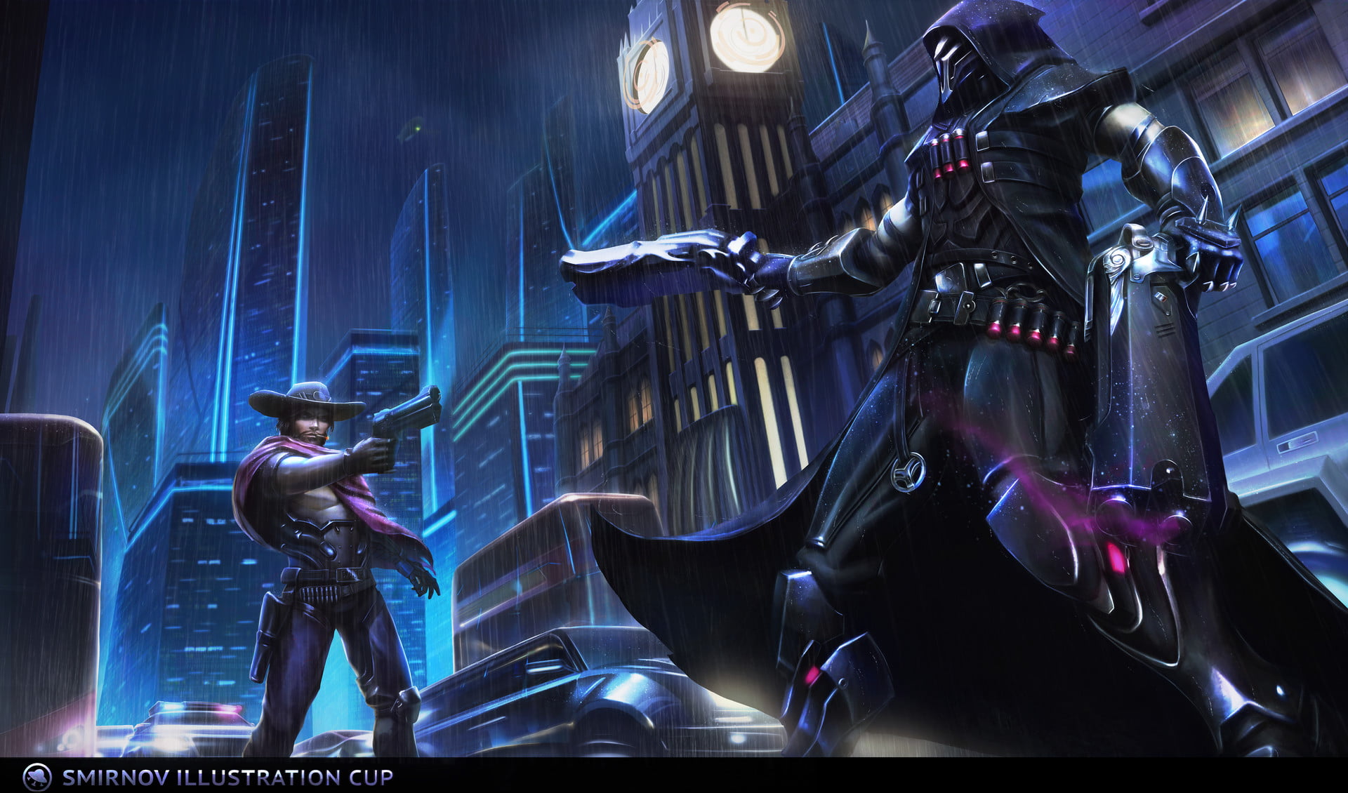 Duel, drawing, city, bullet, Overwatch, cowboy hats, gun, smoking, 1080P, night, pistol, McRee (Overwatch), rain, cigarettes, hoods, men, weapon, fighting, HD Wallpaper