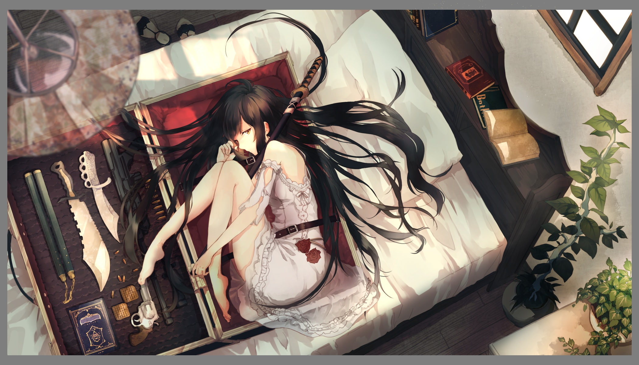 tmr, kei, book, yellow, sword, katana, hair, bed, long, gun, dress, eyes, barefoot, original, weapon, 1080P, black, HD Wallpaper