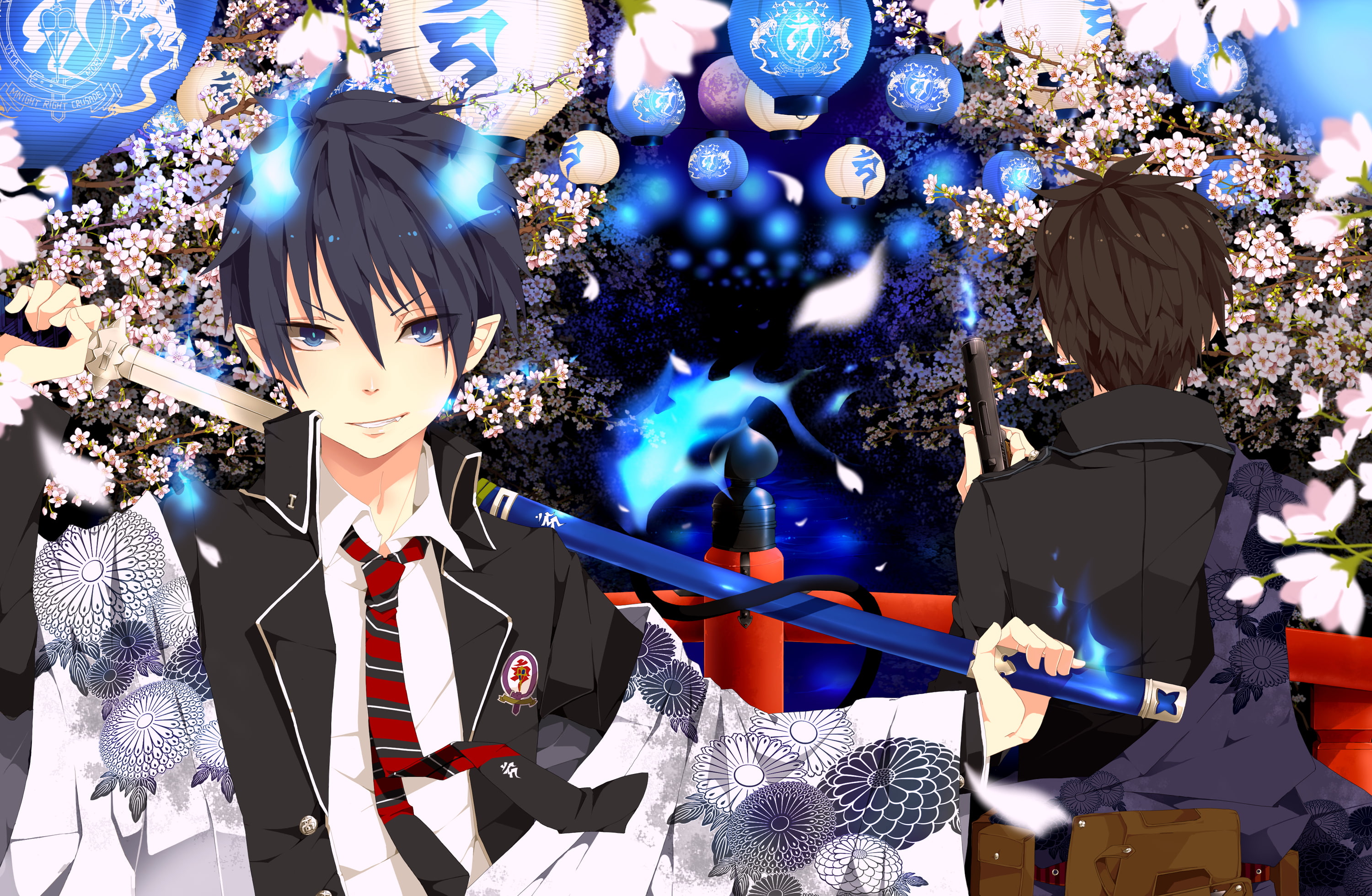 okumura, sword, clothes, katana, weapon, eyes, exorcist, gun, 2K, flowers, rin, tie, 23com, utaoka, yukio, blue, japanese, HD Wallpaper