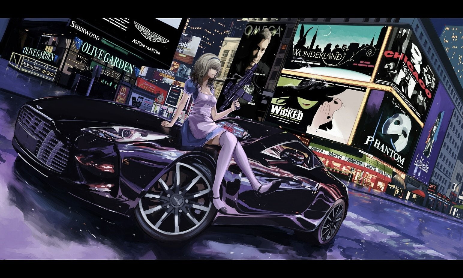headband, terabyte, dress, cigarette, weapon, city, wonderland, smoking, alice, 720P, gun, thighhighs, rook777, car, HD Wallpaper