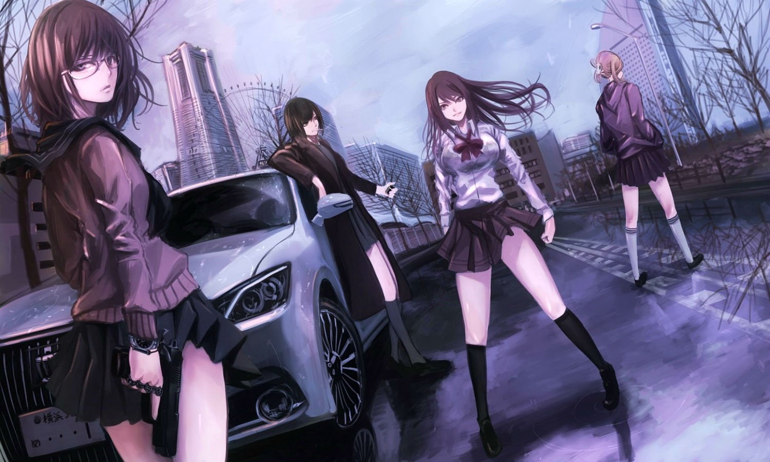 hair, cigarette, building, short, weapon, long, destro, smoking, 720P, glasses, brown, gun, car, kneehighs, bow, seifuku, skirt, blonde, 246, city, HD Wallpaper